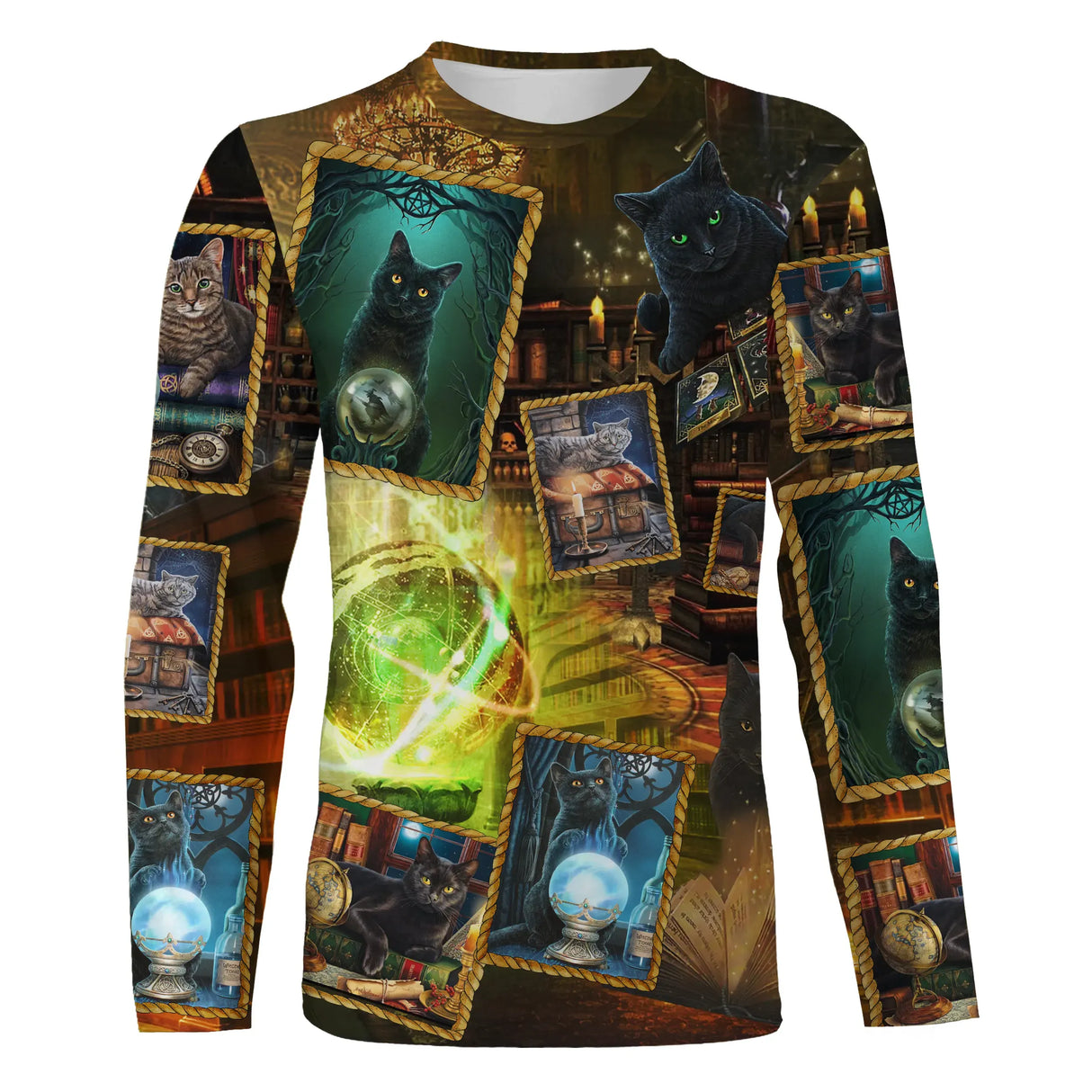 T-shirt chat magicien bibliothèque drôle, illustrations chats sorciers sur fond grimoires antiques