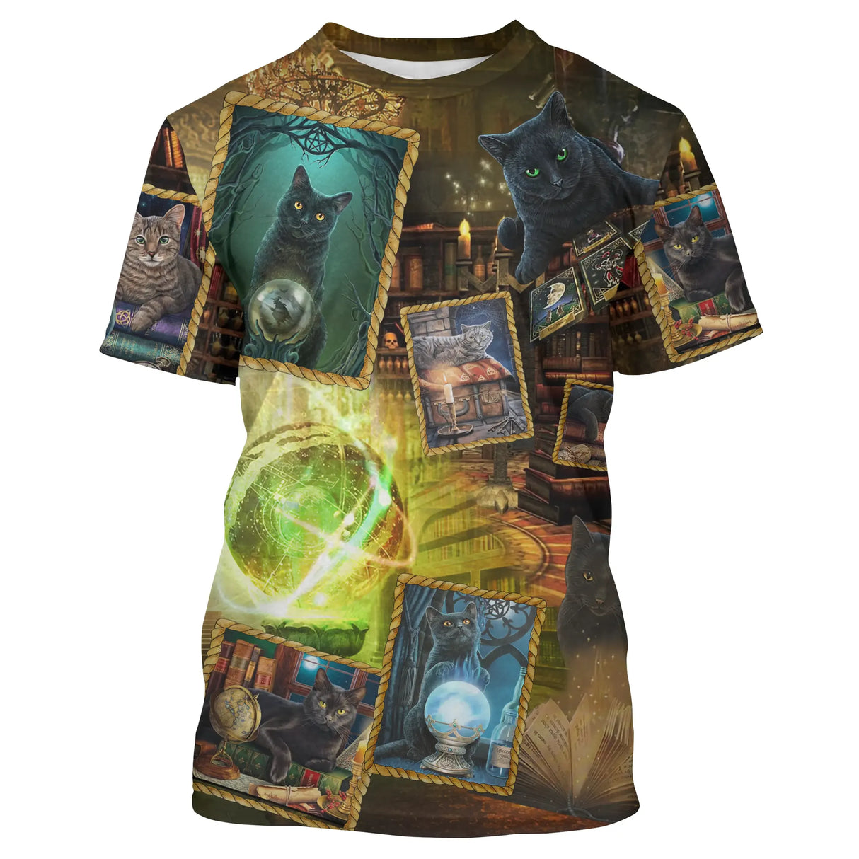 T-shirt chat magicien brun cuivré vert avec chat sorcier et boule de cristal dans bibliothèque magique