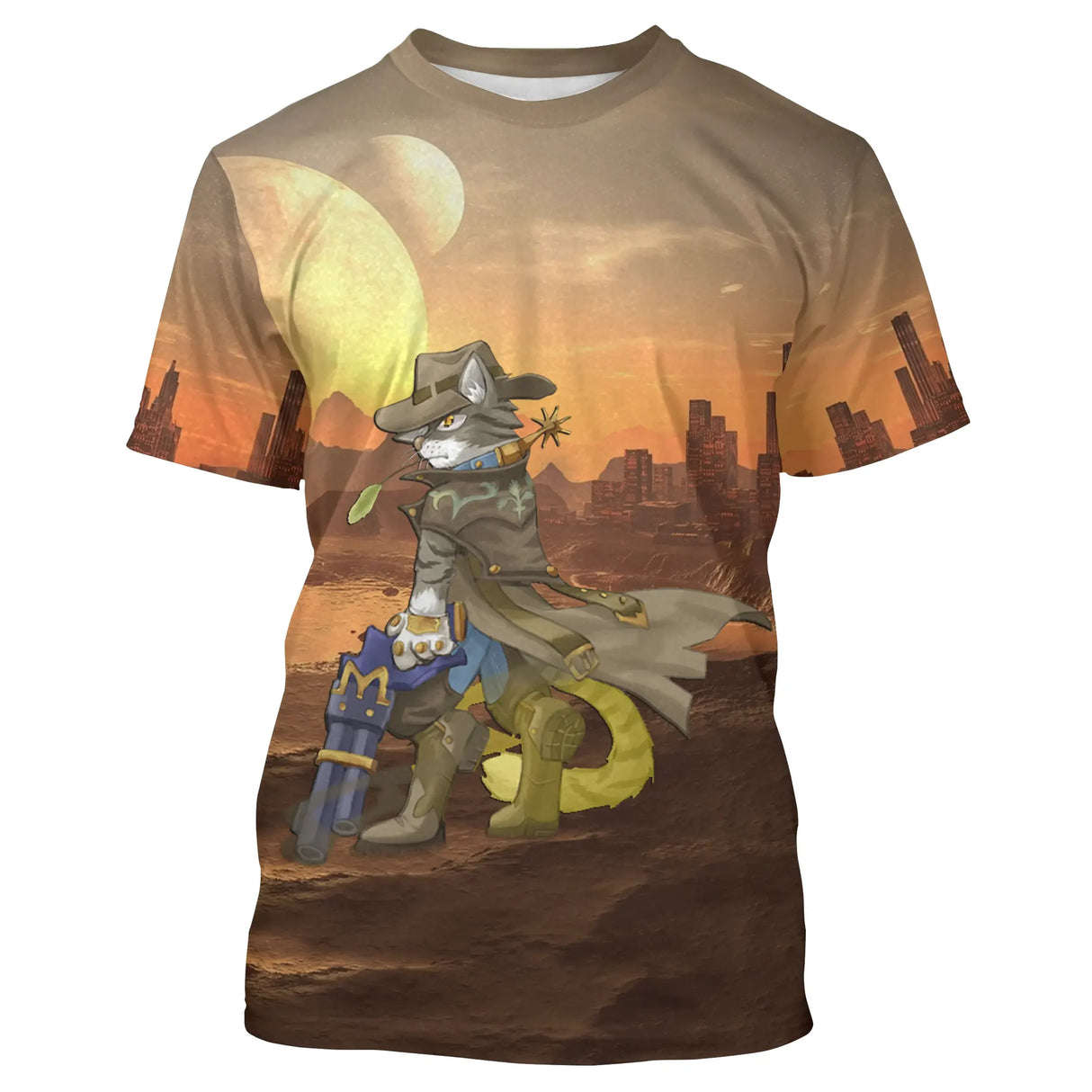 T-shirt chat cowboy brun orange avec chat shérif chapeauté monté sur canon dans paysage western au crépuscule