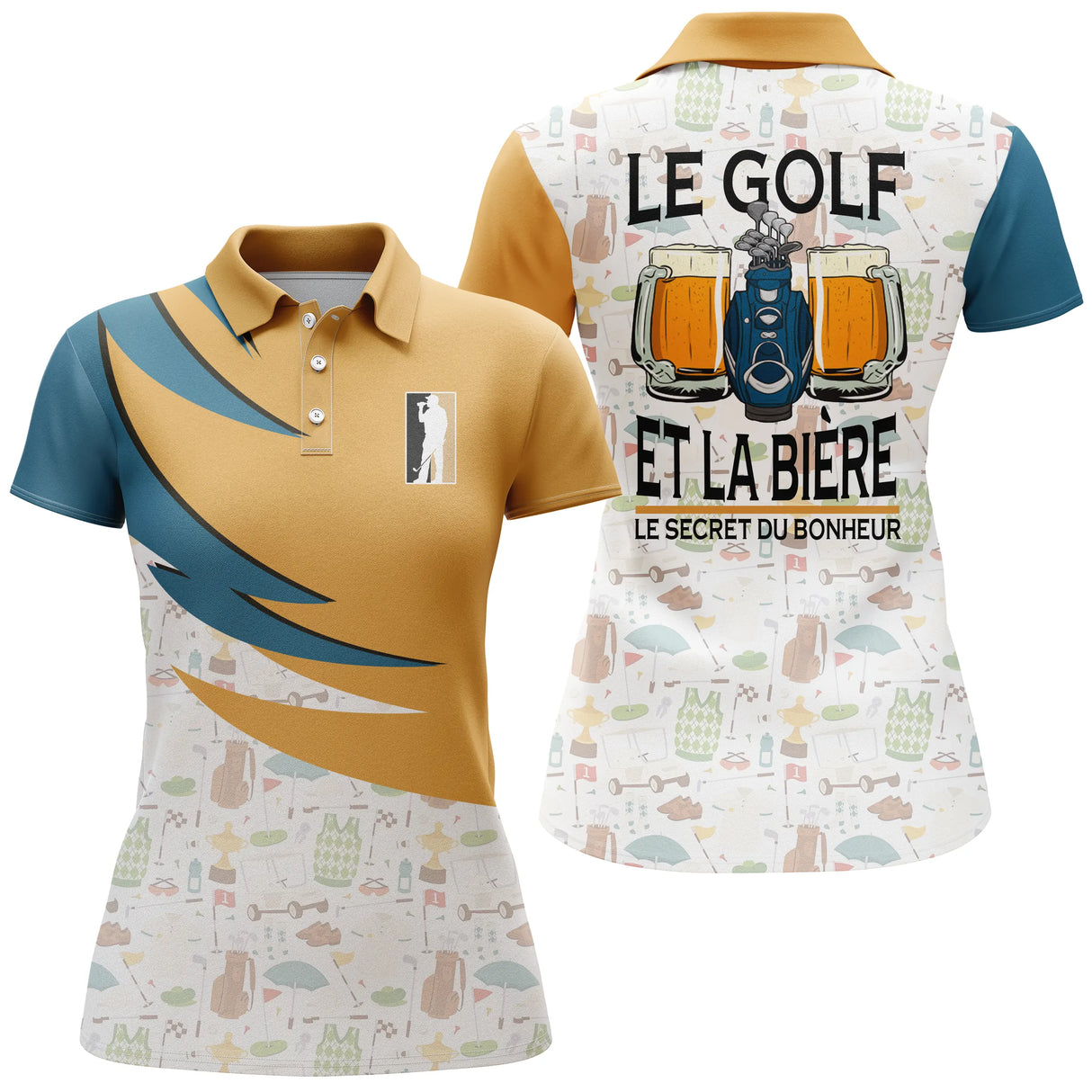 Polo de golf femme humour orange turquoise avec motif bière et golf coupe ajustée féminine