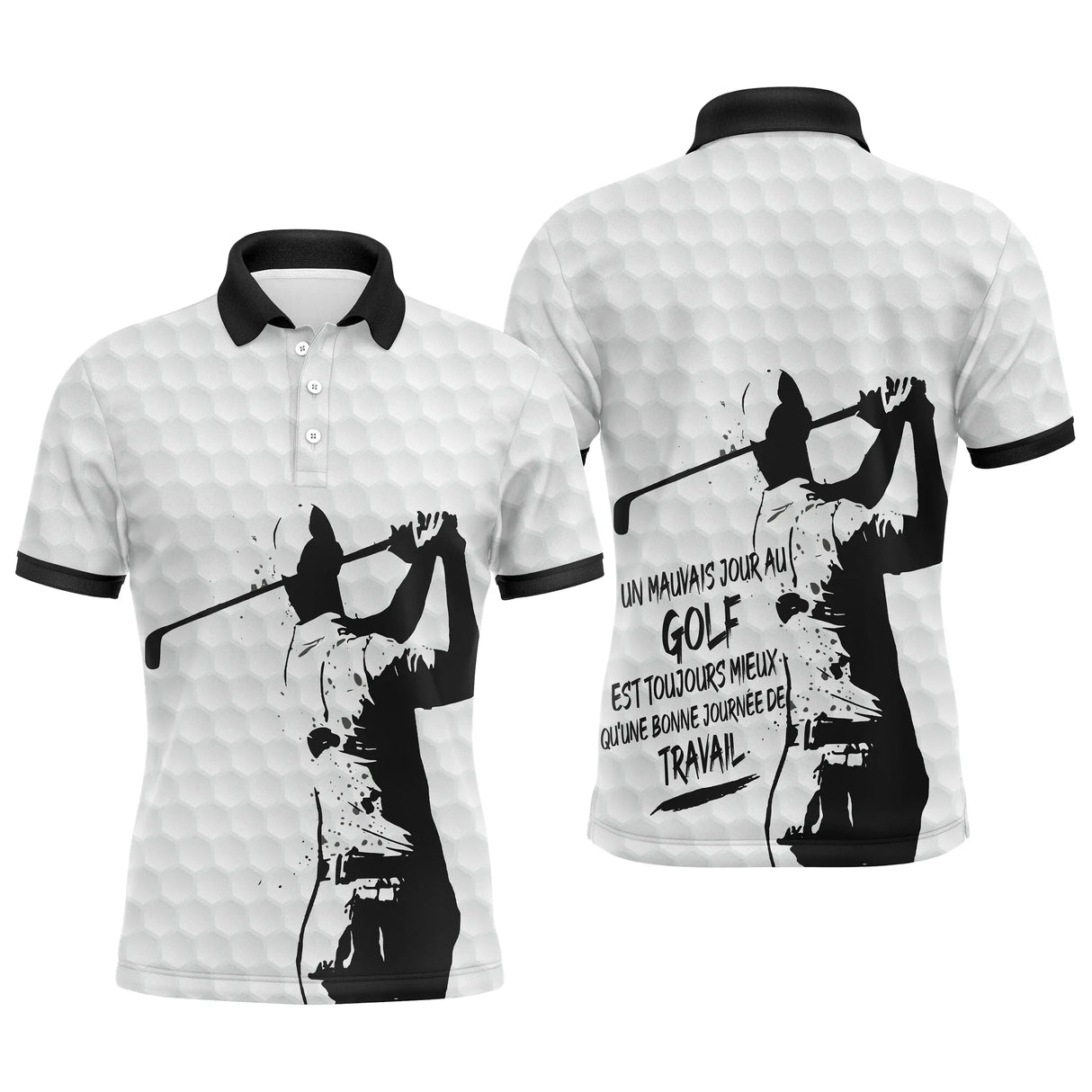Polo de golf humour personnalisé homme blanc texturé avec silhouette golfeur en swing et lettrage Un Mauvais Jour Au Golf