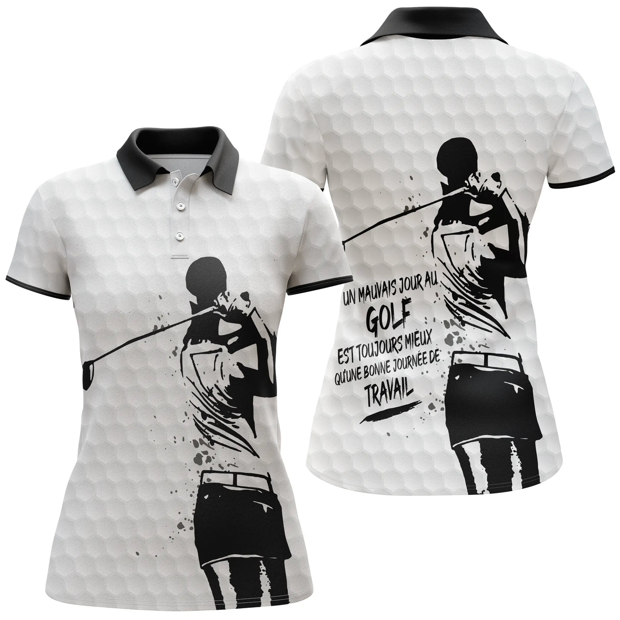 Polo de golf femme humour blanc texturé silhouette golfeuse lettrage humoristique coupe ajustée féminine