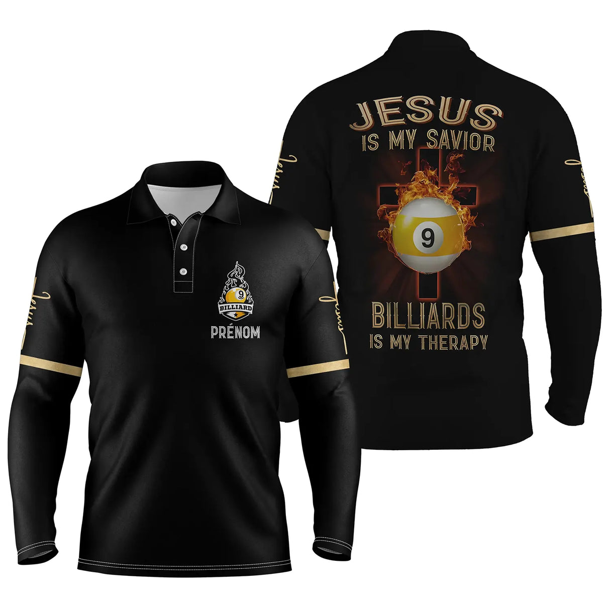 Polo billard manches longues unisexe noir et or avec boule numéro 9 dorée et message religieux Jésus, prénom personnalisé