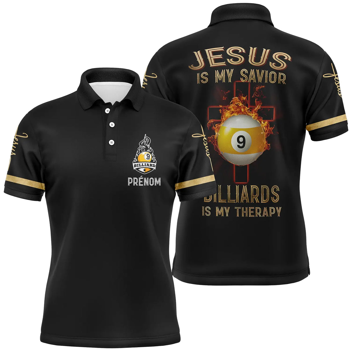 Polo billard noir et or pour homme avec boule numéro 9 jaune dorée et message Jésus est mon Sauveur, prénom personnalisé