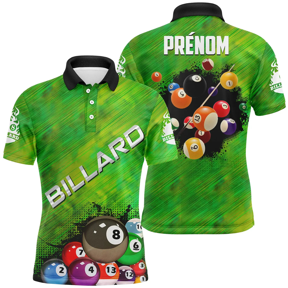 Polo billard vert rayé pour homme avec inscription BILLARD et groupe de boules colorées multicolores, prénom personnalisé