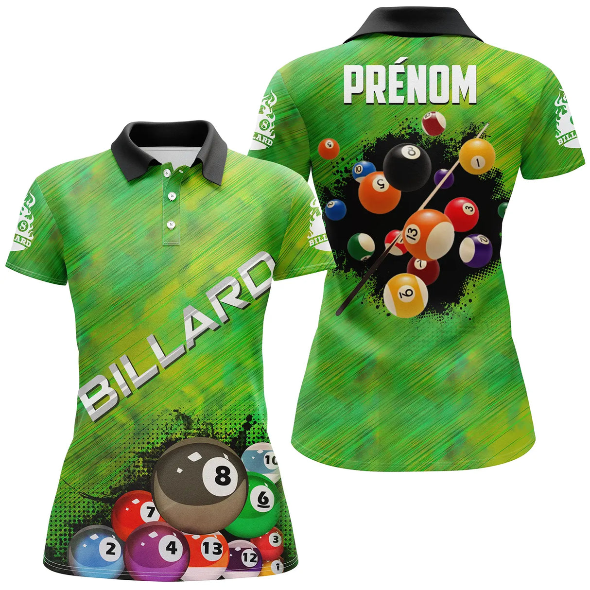 Polo billard vert rayé pour femme avec motif BILLARD et boules de billard rouge violet jaune orange, prénom personnalisé