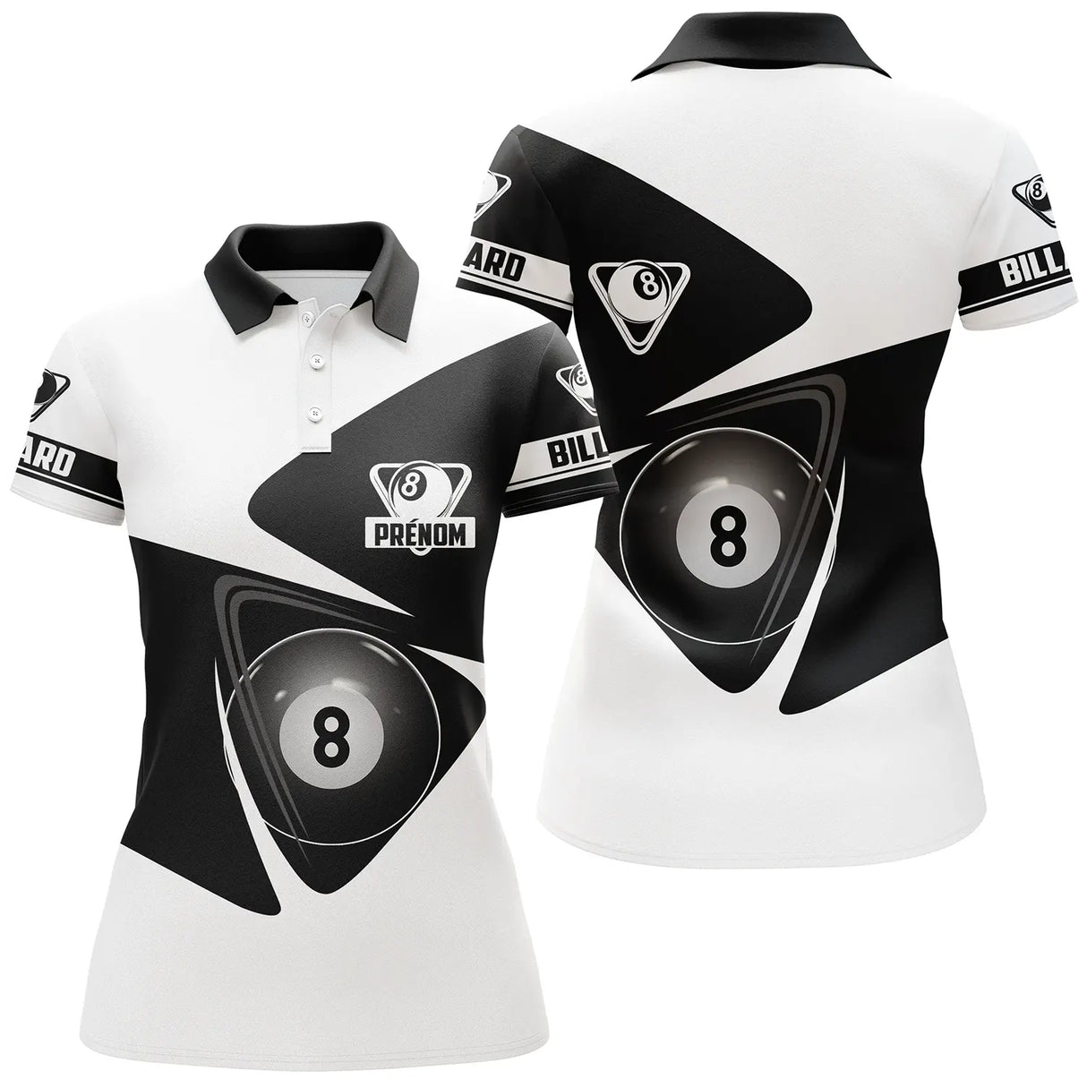 Polo billard noir et blanc femme avec boule numéro 8 et design contrasté élégant, prénom personnalisé