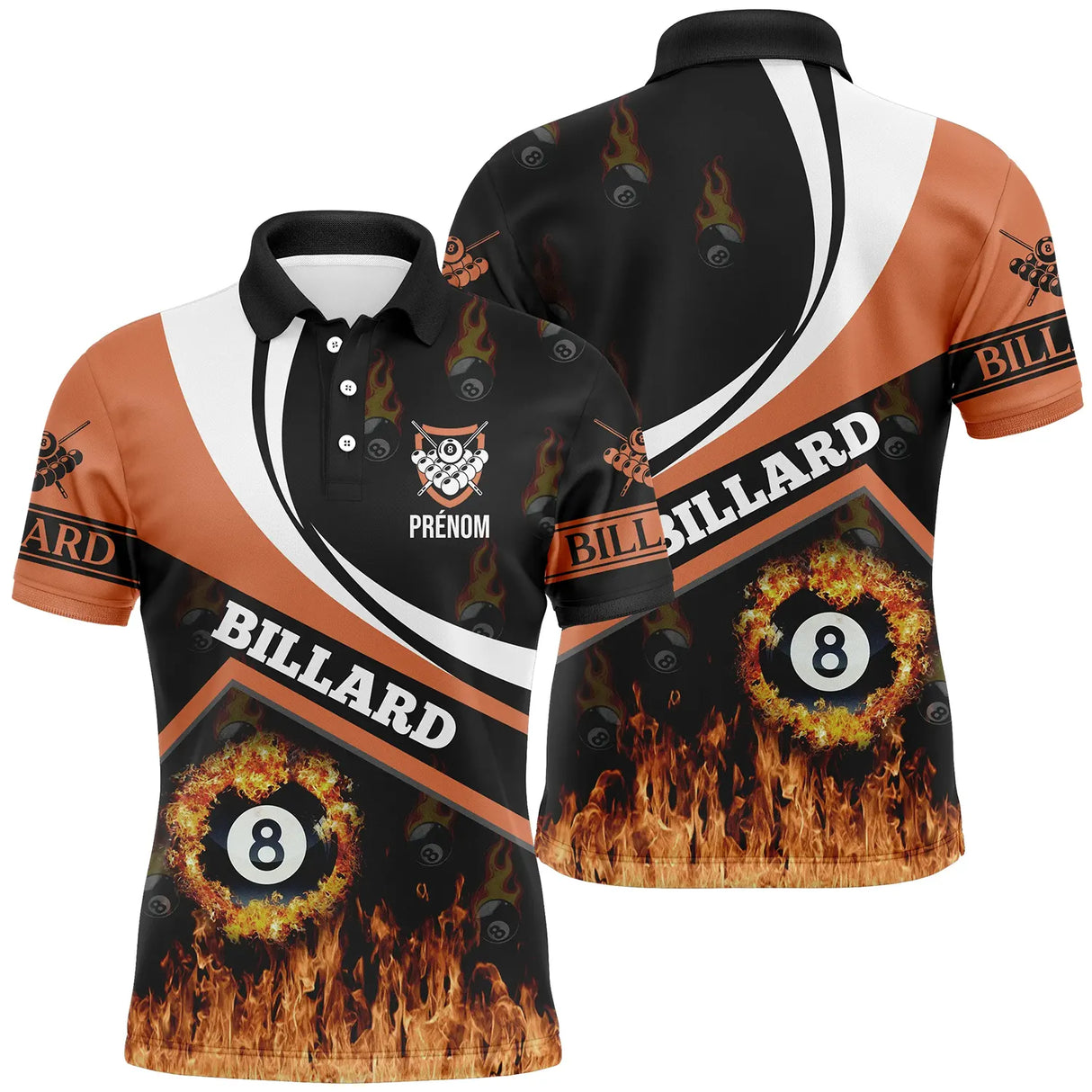 Polo billard orange et noir homme avec boule numéro 8 enflammée et inscription BILLARD, prénom personnalisé