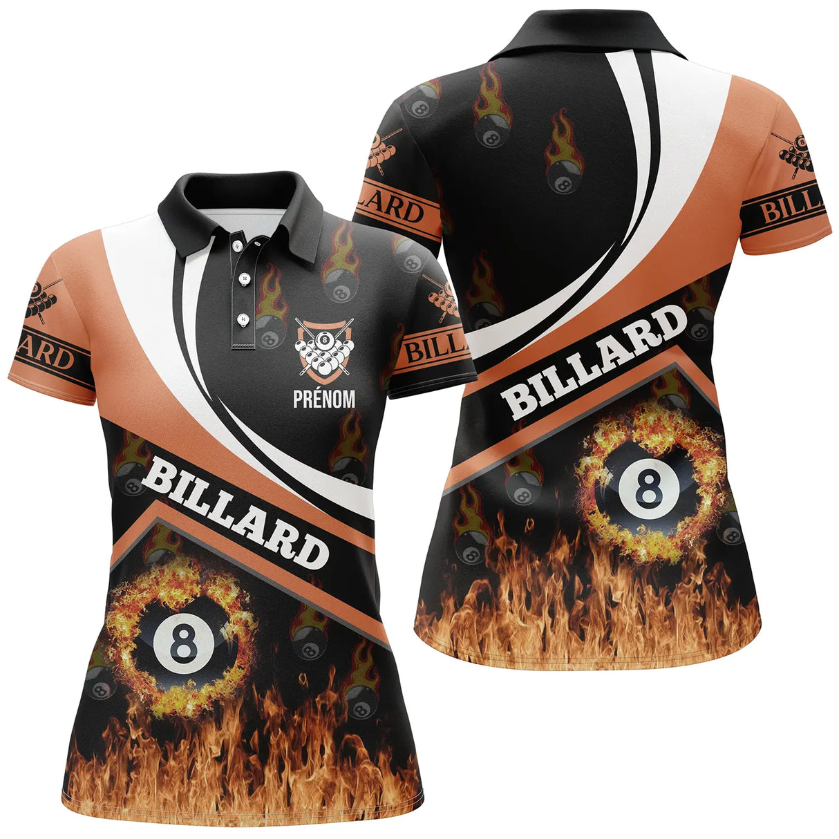 Polo billard orange et noir femme avec boule de la 8 dans les flammes, écusson BILLARD, prénom personnalisé
