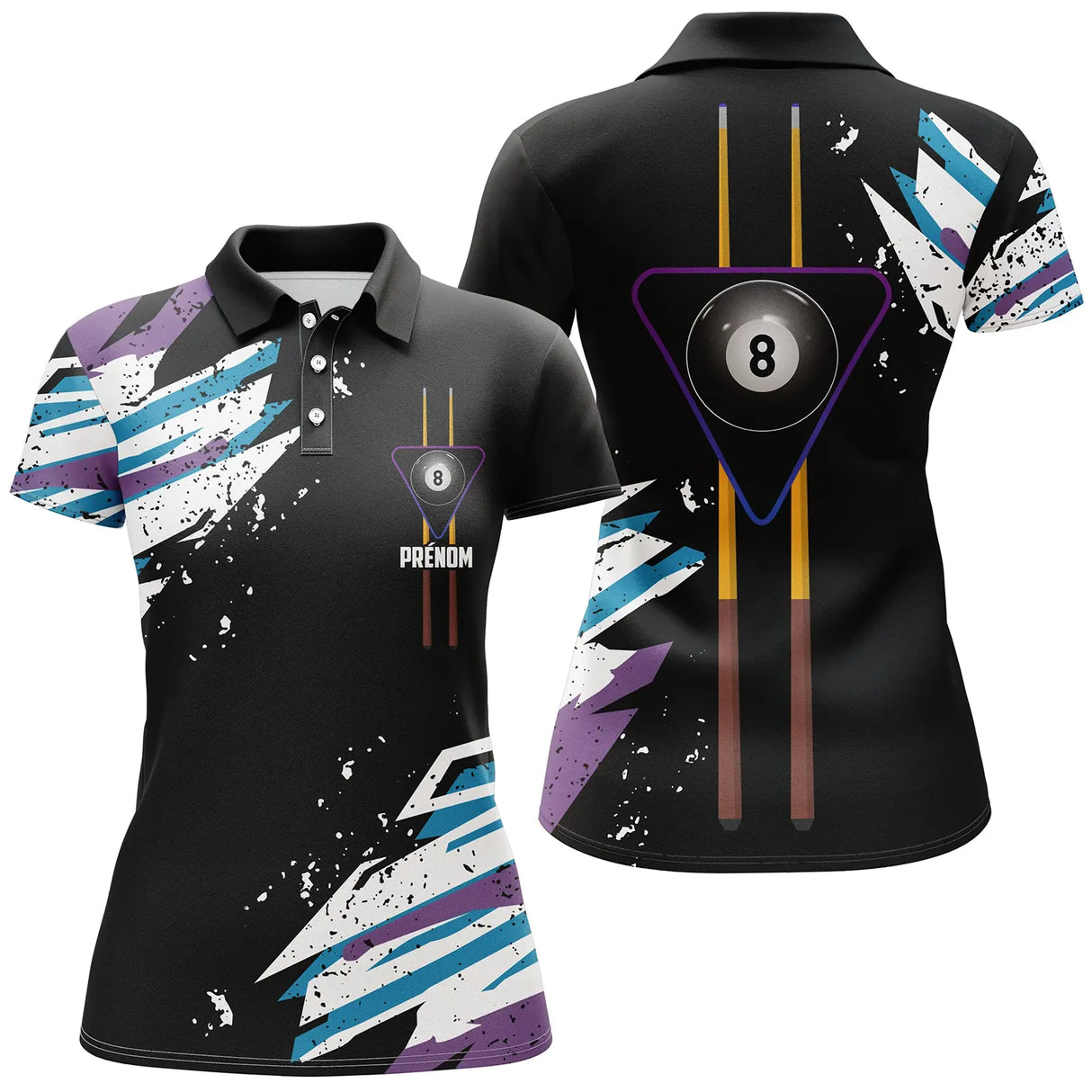 Polo billard noir femme avec queues croisées, motifs violet blanc et boule de la 8, prénom personnalisé