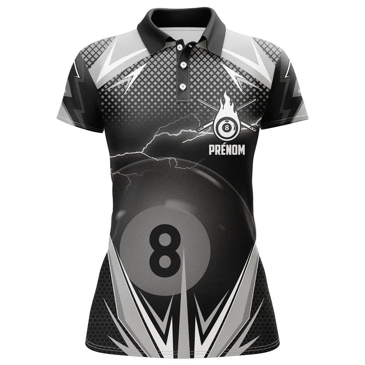 Polo billard noir et argent femme avec foudre et boule de la 8 du 8-pool, prénom personnalisé