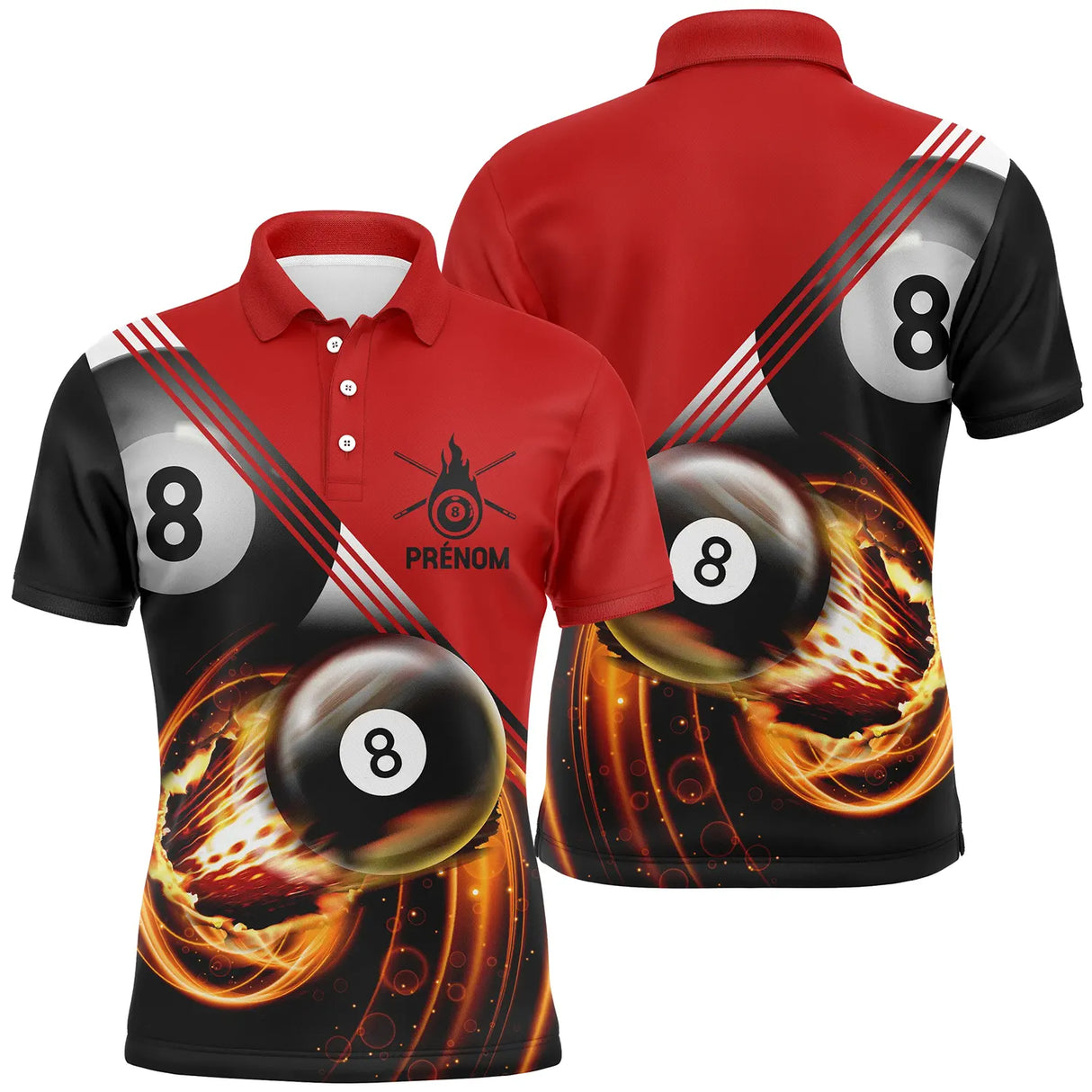 Polo billard rouge et noir homme avec deux boules 8 enflammées et bandes diagonales, prénom personnalisé