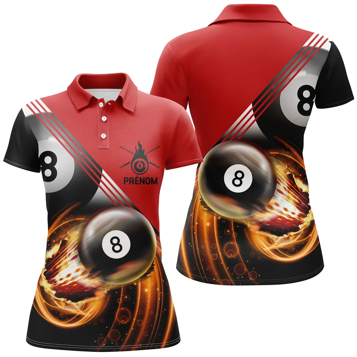 Polo billard rouge et noir femme avec boules de la 8 en feu et rayures contrastées, prénom personnalisé
