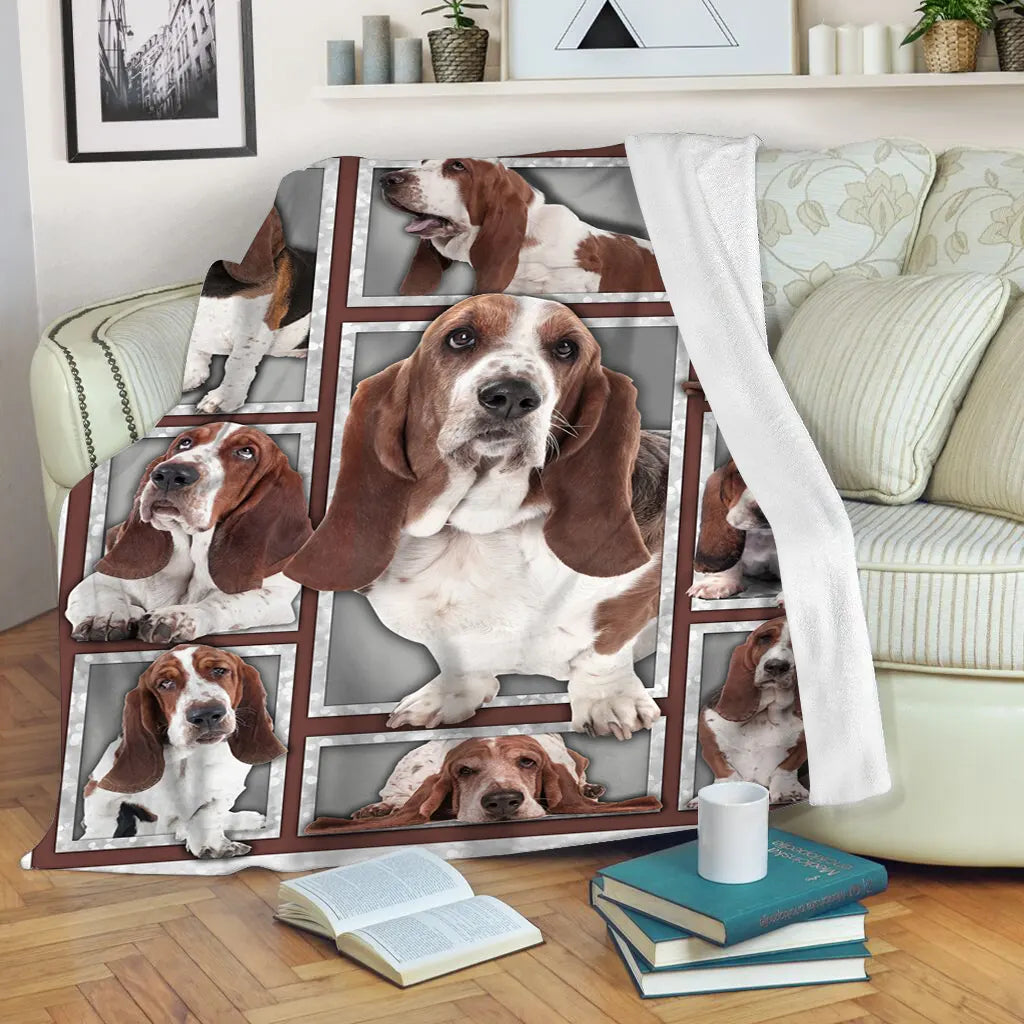 Couverture Basset Hound polaire avec mosaïque de portraits photo chien tricolore aux longues oreilles tombantes