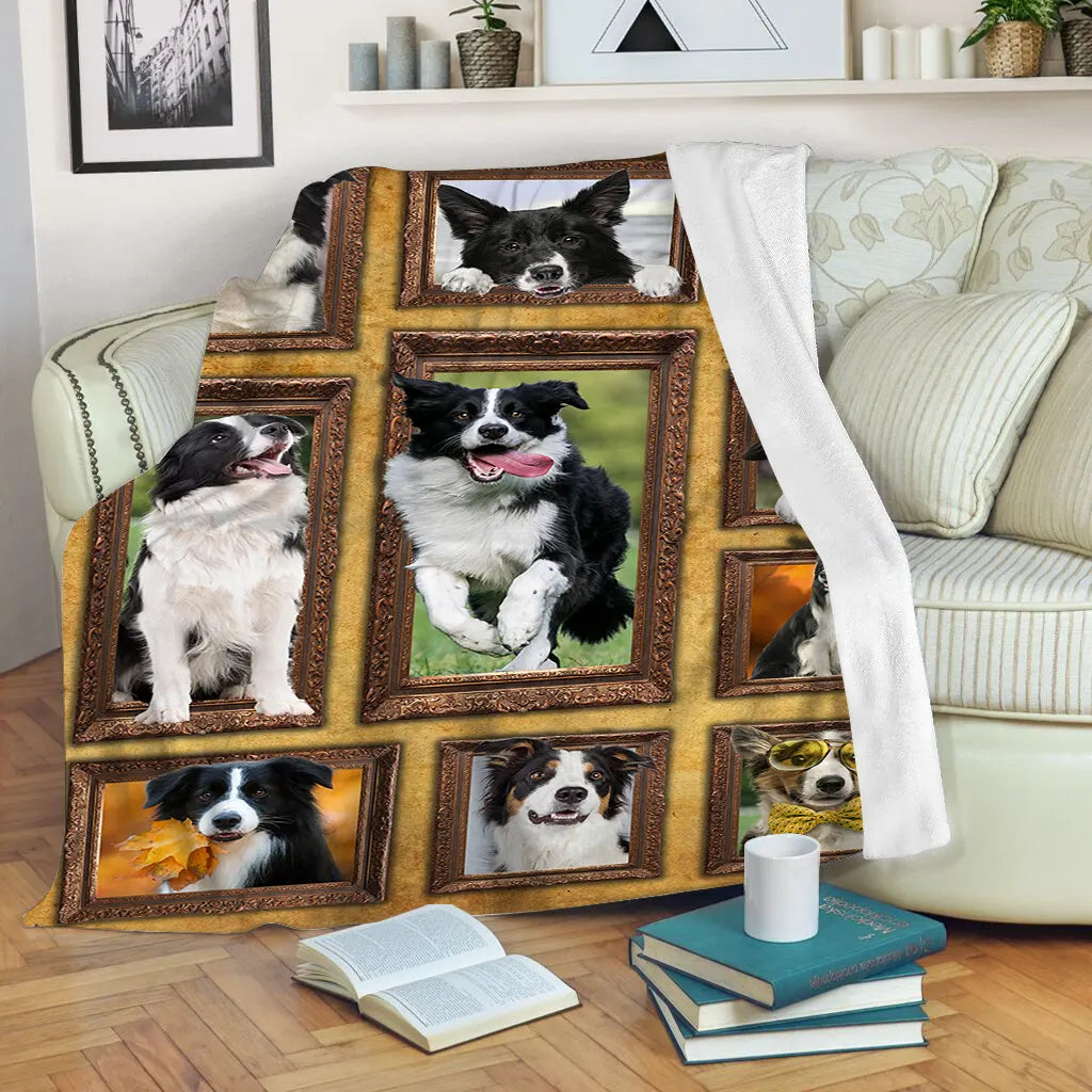 Couverture Border Collie polaire avec mosaïque de portraits chien noir et blanc bicolore sur canapé