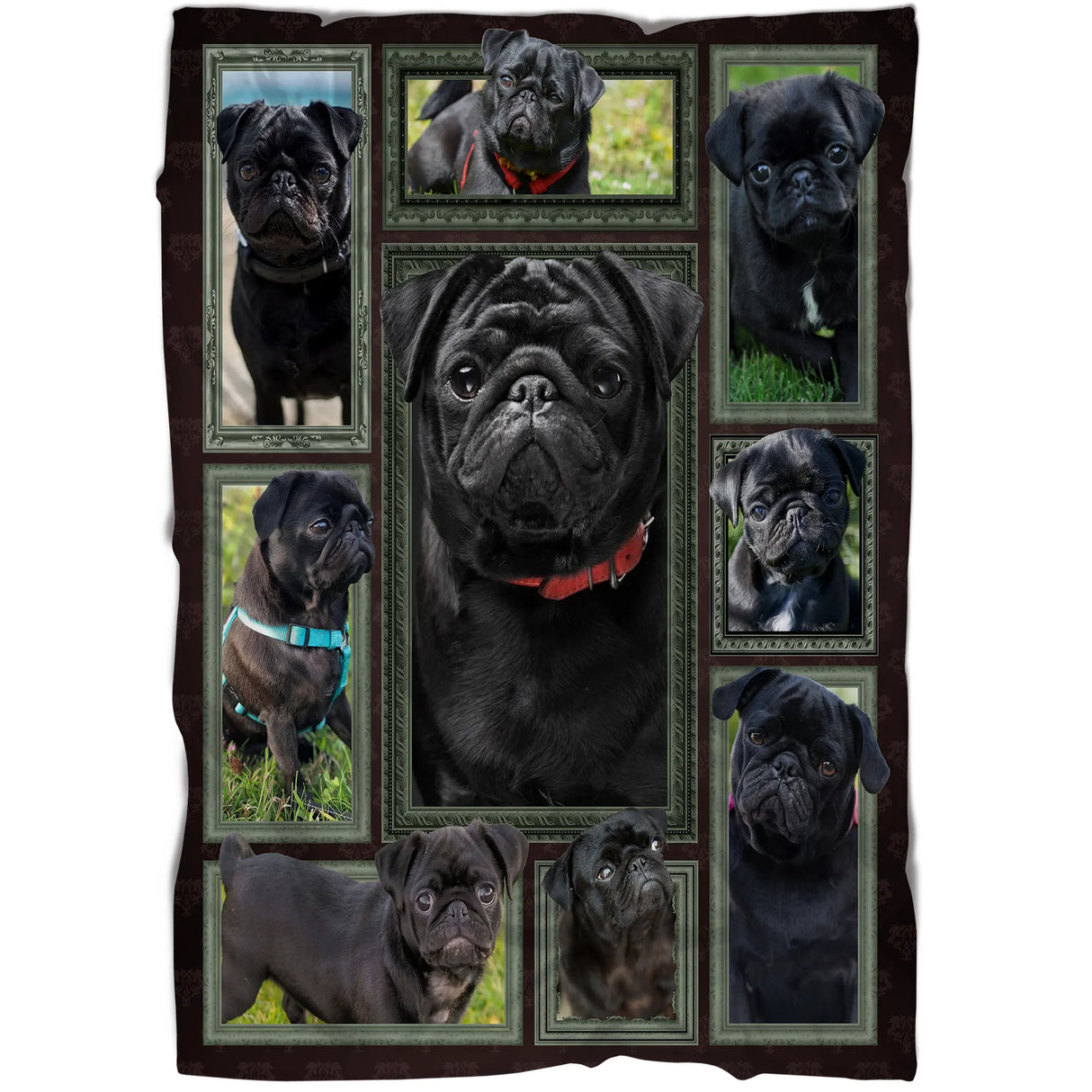 Plaid polaire Pug Carlin noir vue salon, scènes de petit chien encadrées sur tissu doux pour canapé