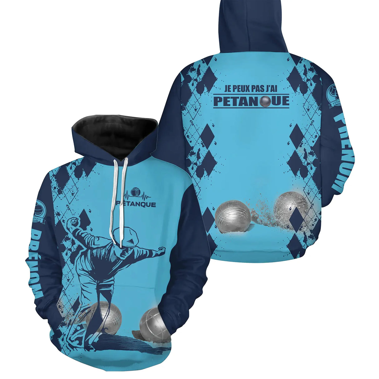 Sweat zippé pétanque bleu humour j'peux pas joueur boules dos texte manche bouliste personnalisé