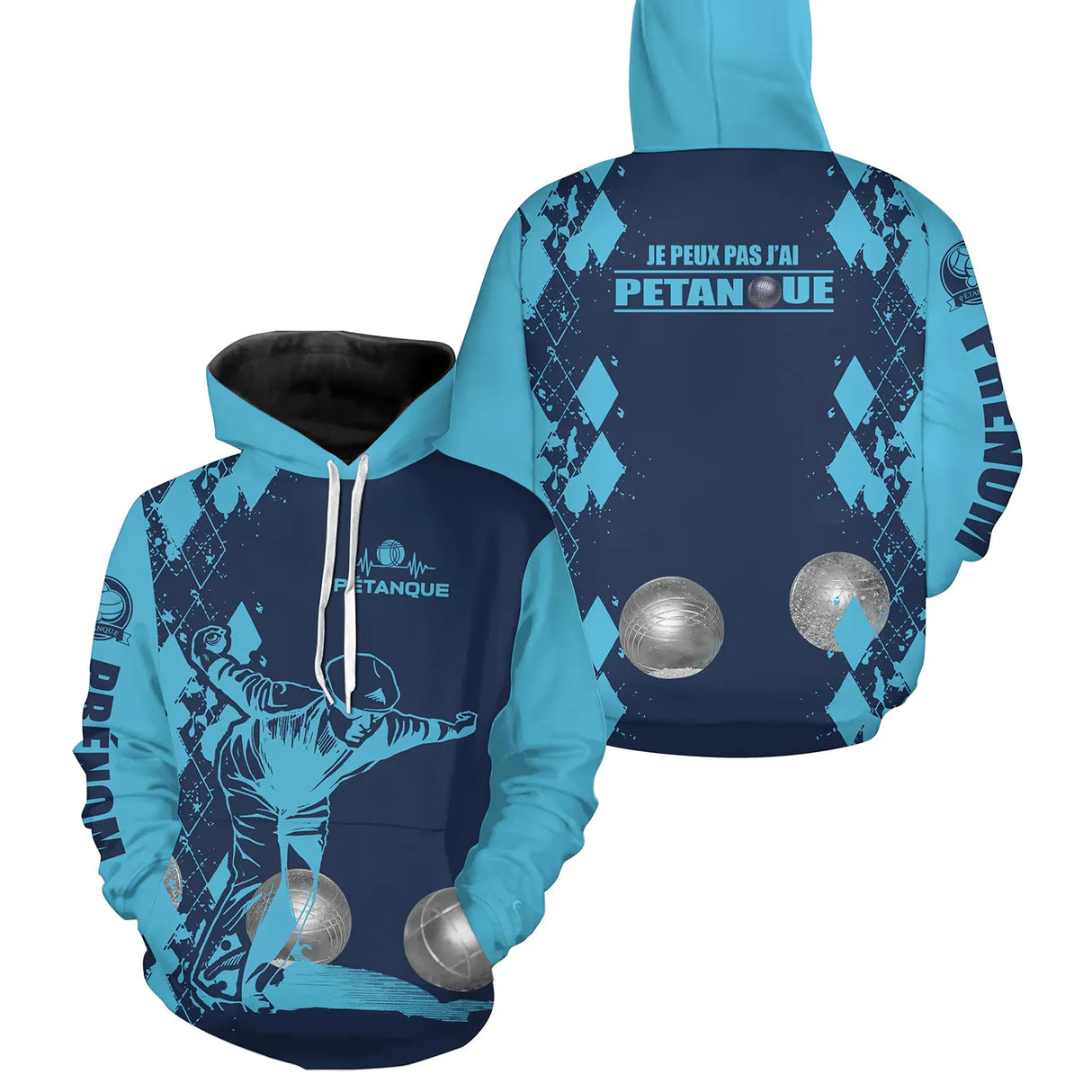 Sweat à capuche pétanque bleu humour j'peux pas joueur boules dos texte manche personnalisé