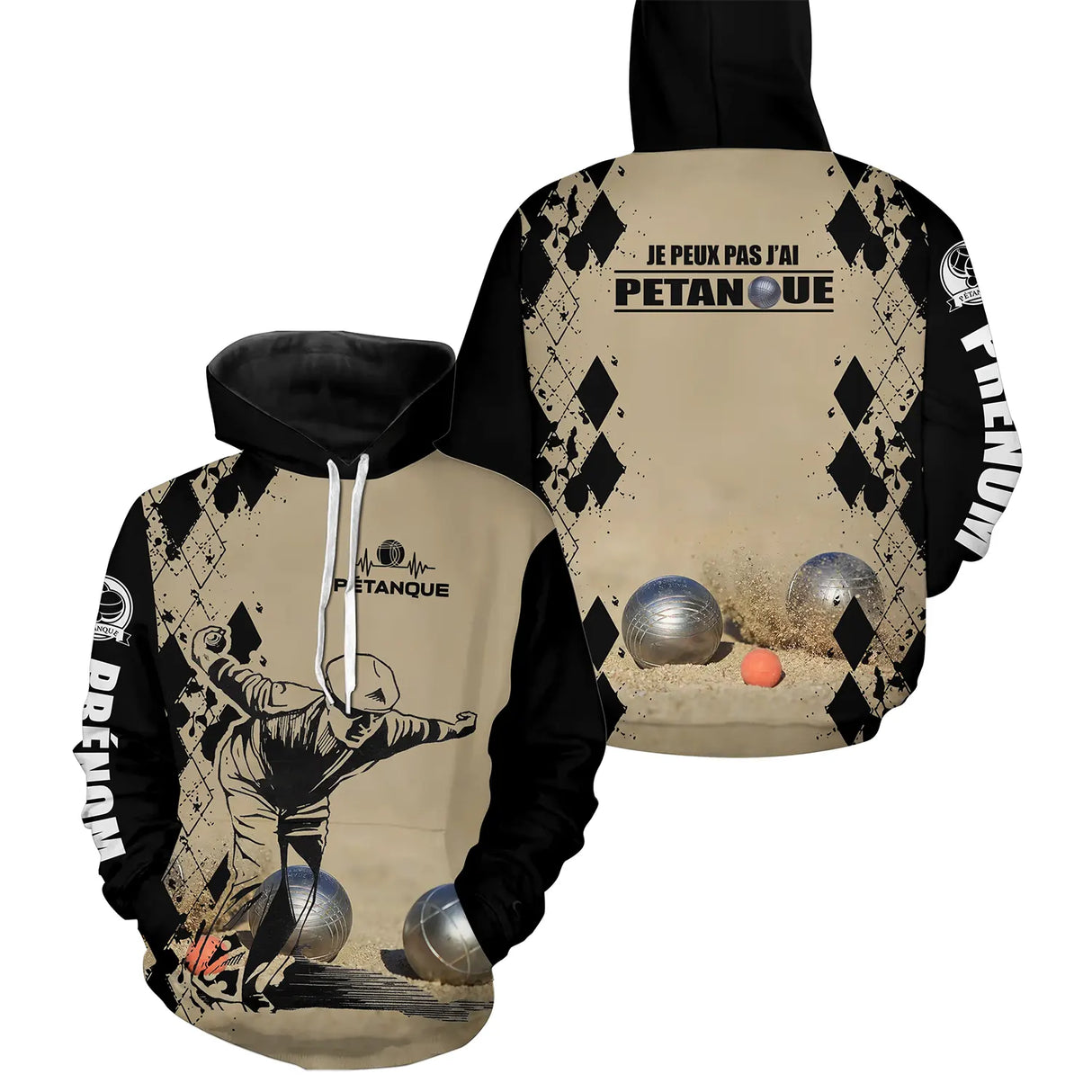 Sweater pétanque bleu humour j'peux pas joueur boules dos texte manche bouliste personnalisé