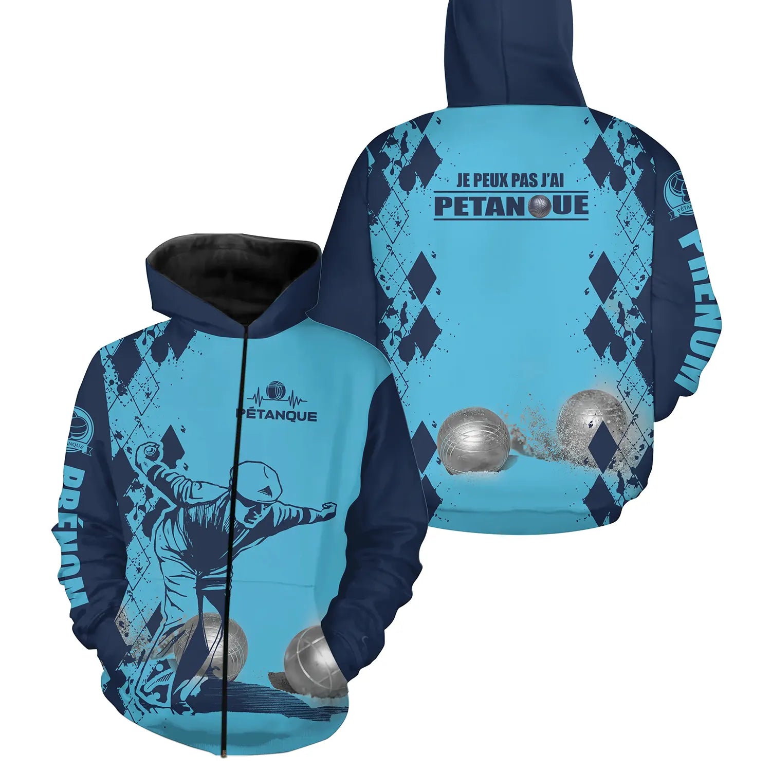 Sweat À Capuche Pétanque, Cadeau Personnalisé Bouliste, Je Peux Pas J'ai Pétanque - CT28122344 - Sweat à capuche zippé bleu