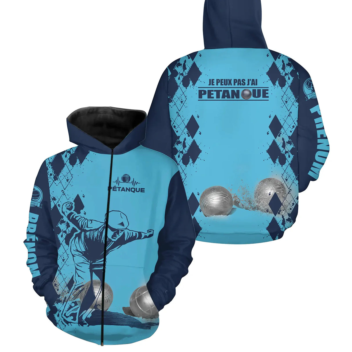 Sweat zippé pétanque bleu marine humour j'peux pas joueur boules dos texte manche bouliste personnalisé