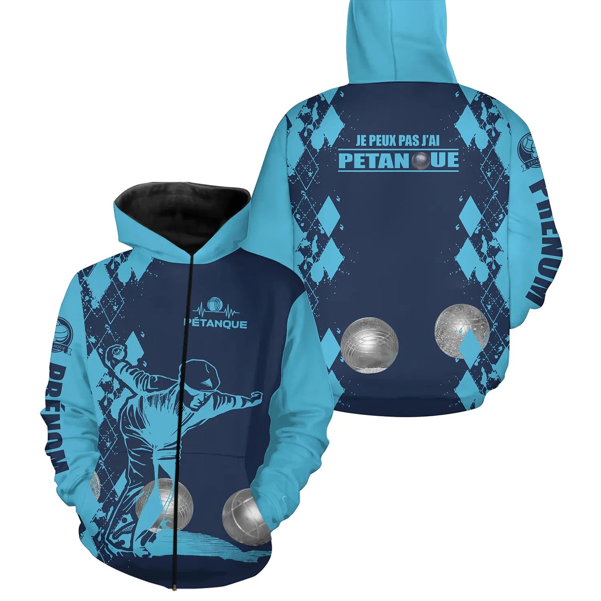 Sweat à capuche pétanque bleu marine humour j'peux pas joueur boules dos texte manche personnalisé