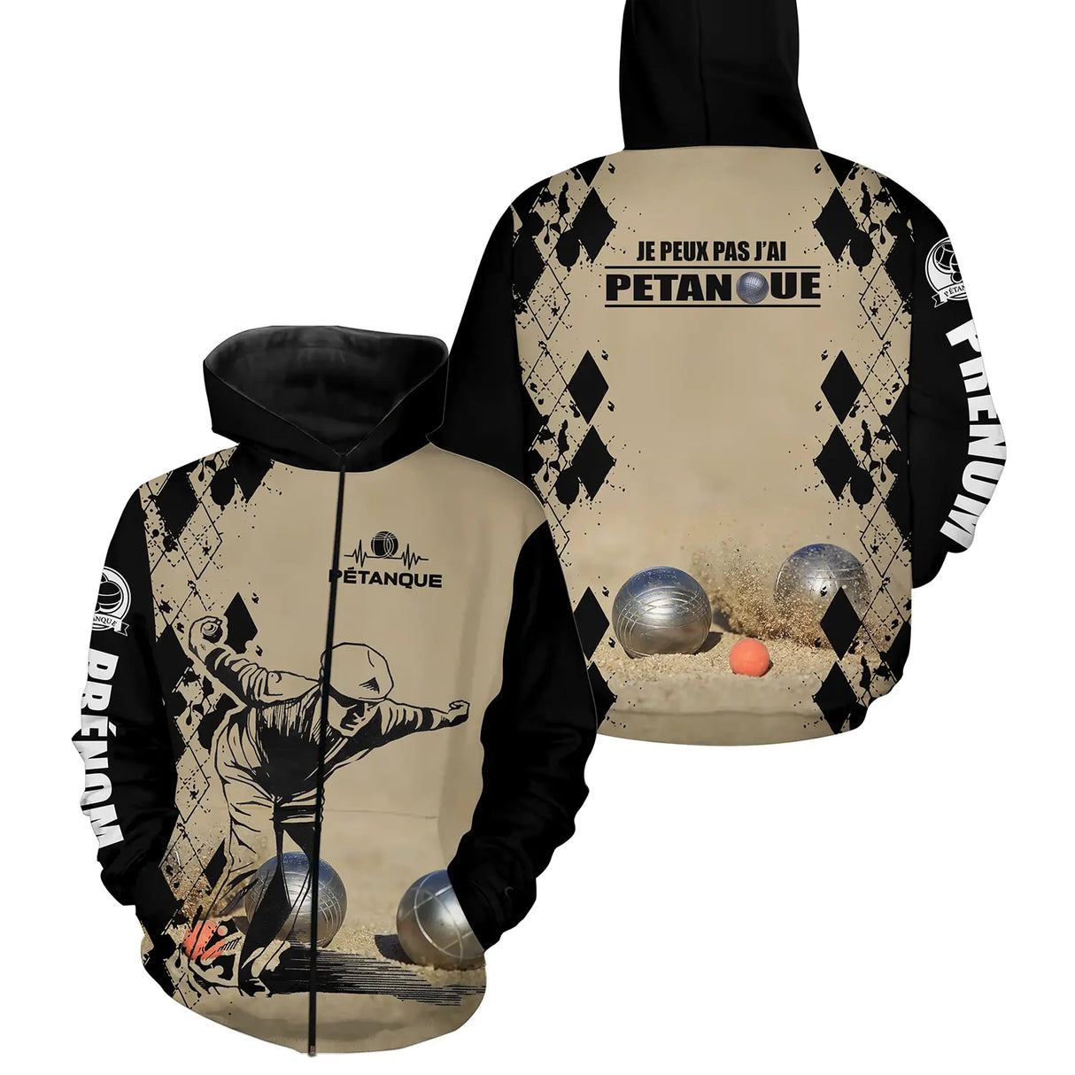 Sweater pétanque bleu marine humour j'peux pas joueur boules dos texte manche bouliste personnalisé