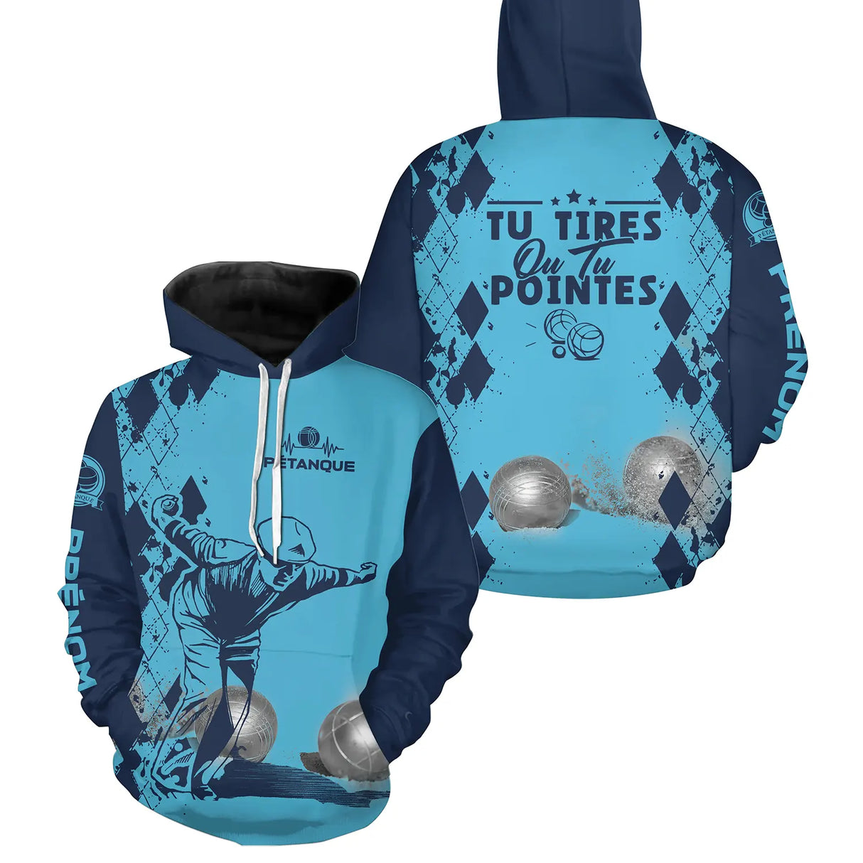 Sweat zippé pétanque bleu Tirer ou pointer joueur boules dos texte manche bouliste personnalisé