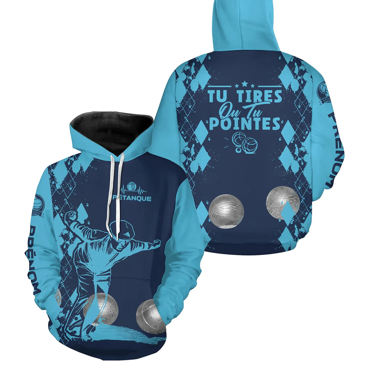 Sweater pétanque bleu Tirer ou pointer joueur boules dos texte manche bouliste personnalisé