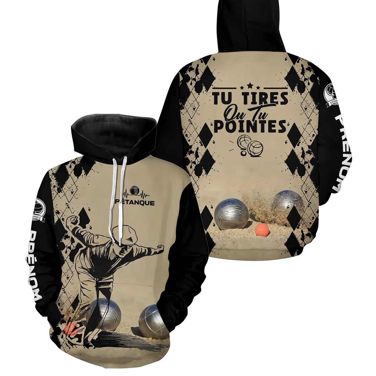 Sweat à capuche pétanque bleu Tirer ou pointer joueur boules dos texte manche personnalisé