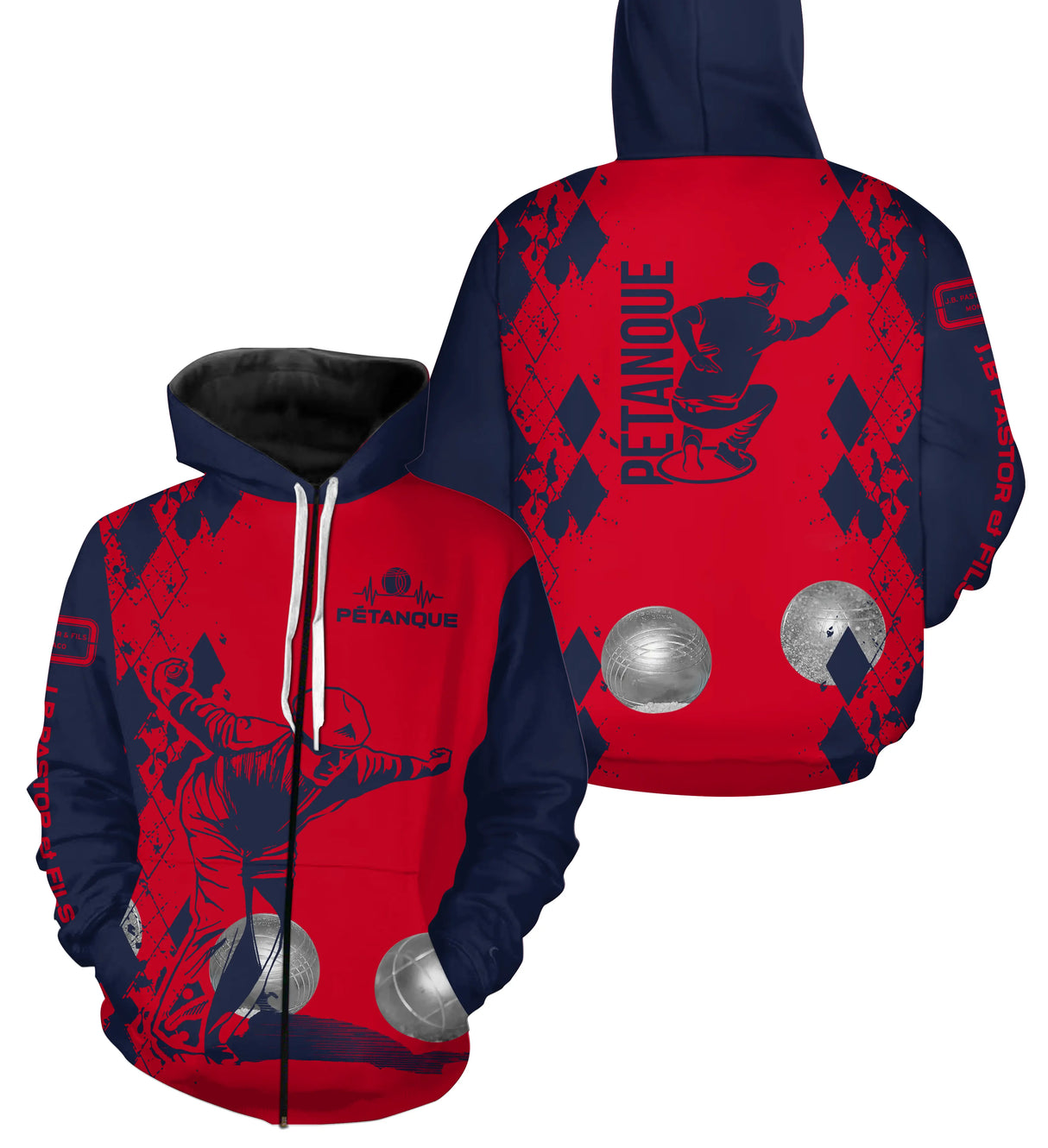 Sweat zippé pétanque all-over rouge et marine avec motif argyle, joueur en lancer et slogan vertical
