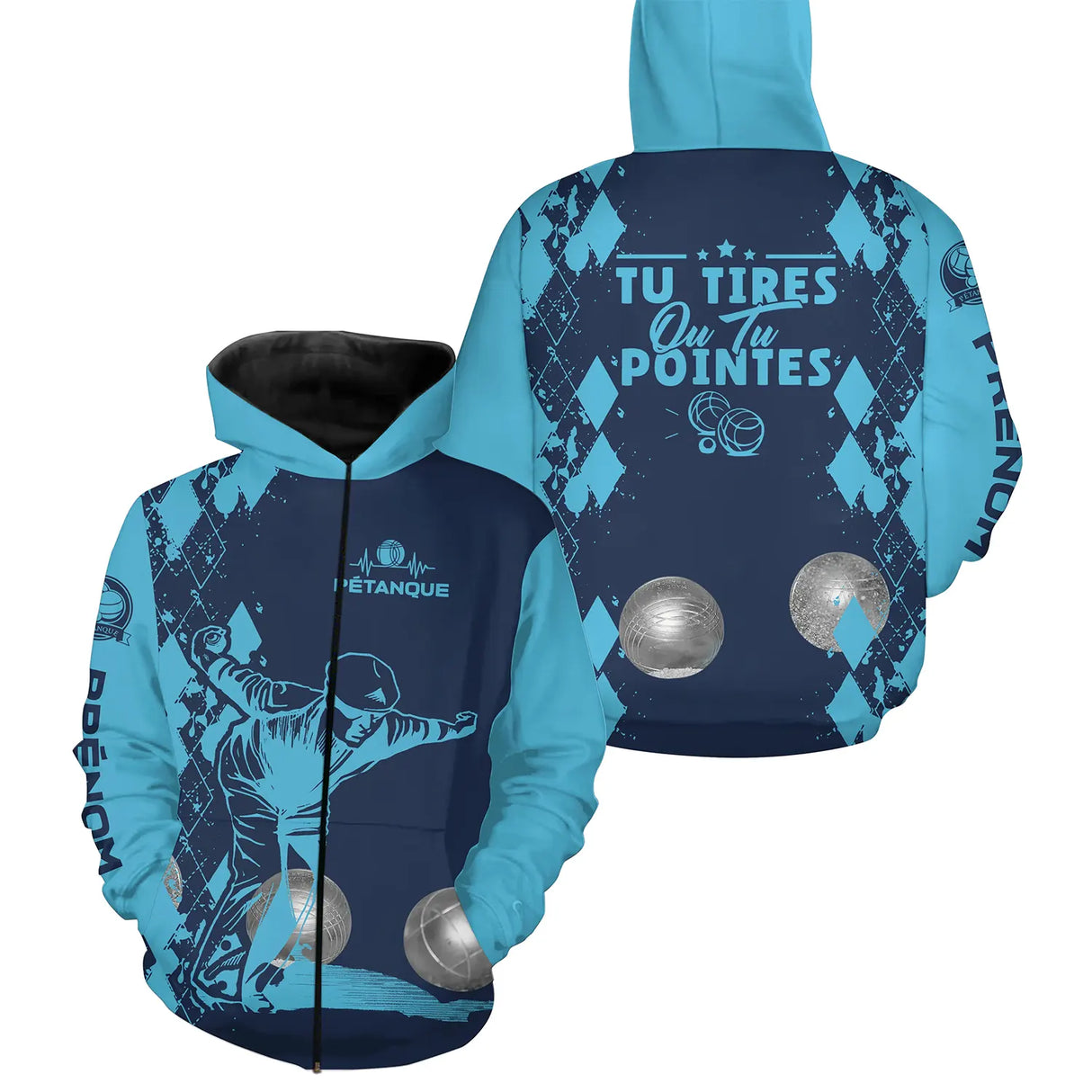 Sweater pétanque bleu marine Tirer ou pointer joueur boules dos texte manche bouliste personnalisé