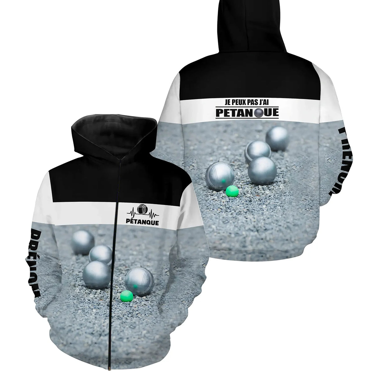 Sweater pétanque noir blanc gris humour j'peux pas devant boules sol gravillonné texte manche personnalisé