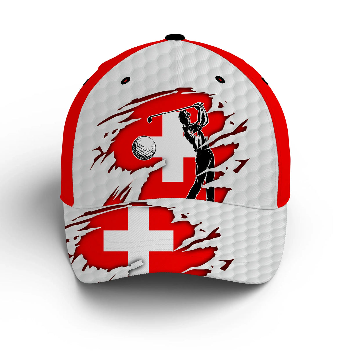 Casquette golf drapeau suisse rouge blanc golfeuse stylisée parcours unisexe sportive
