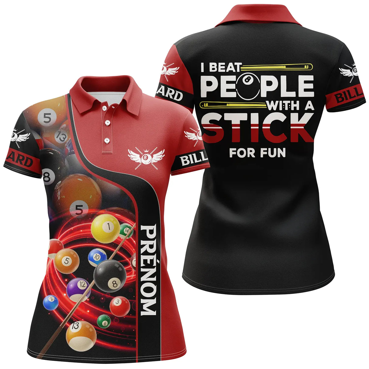 Polo billard rouge et noir femme avec billes en spirale et slogan humour billard, prénom personnalisé