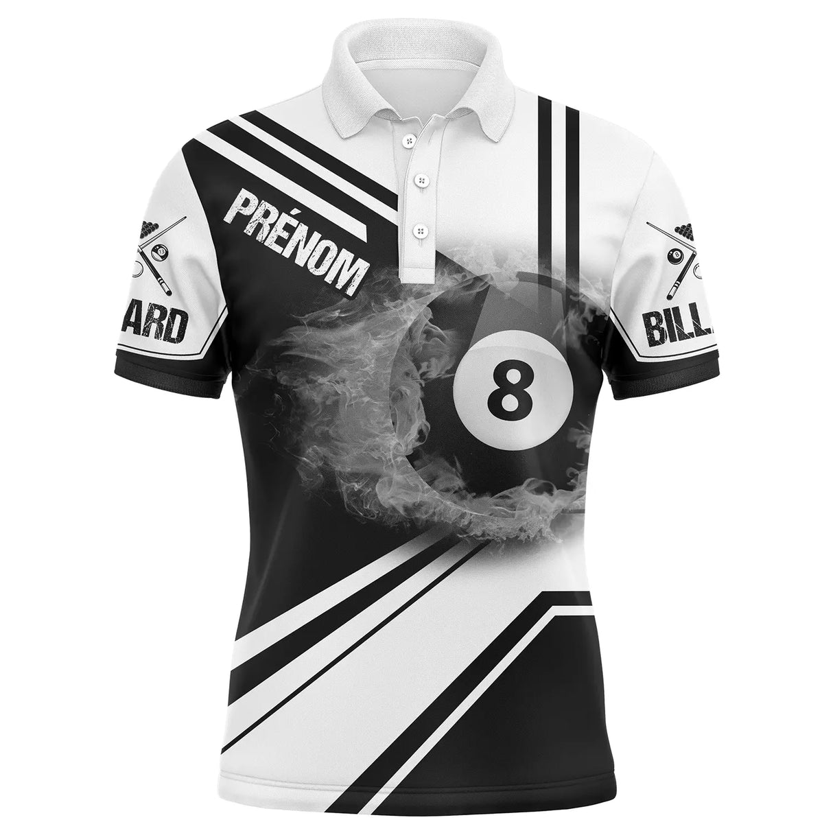 Polo billard noir et blanc homme avec boule 8 enflammée fumée, rayures et inscription BILLARD, prénom personnalisé