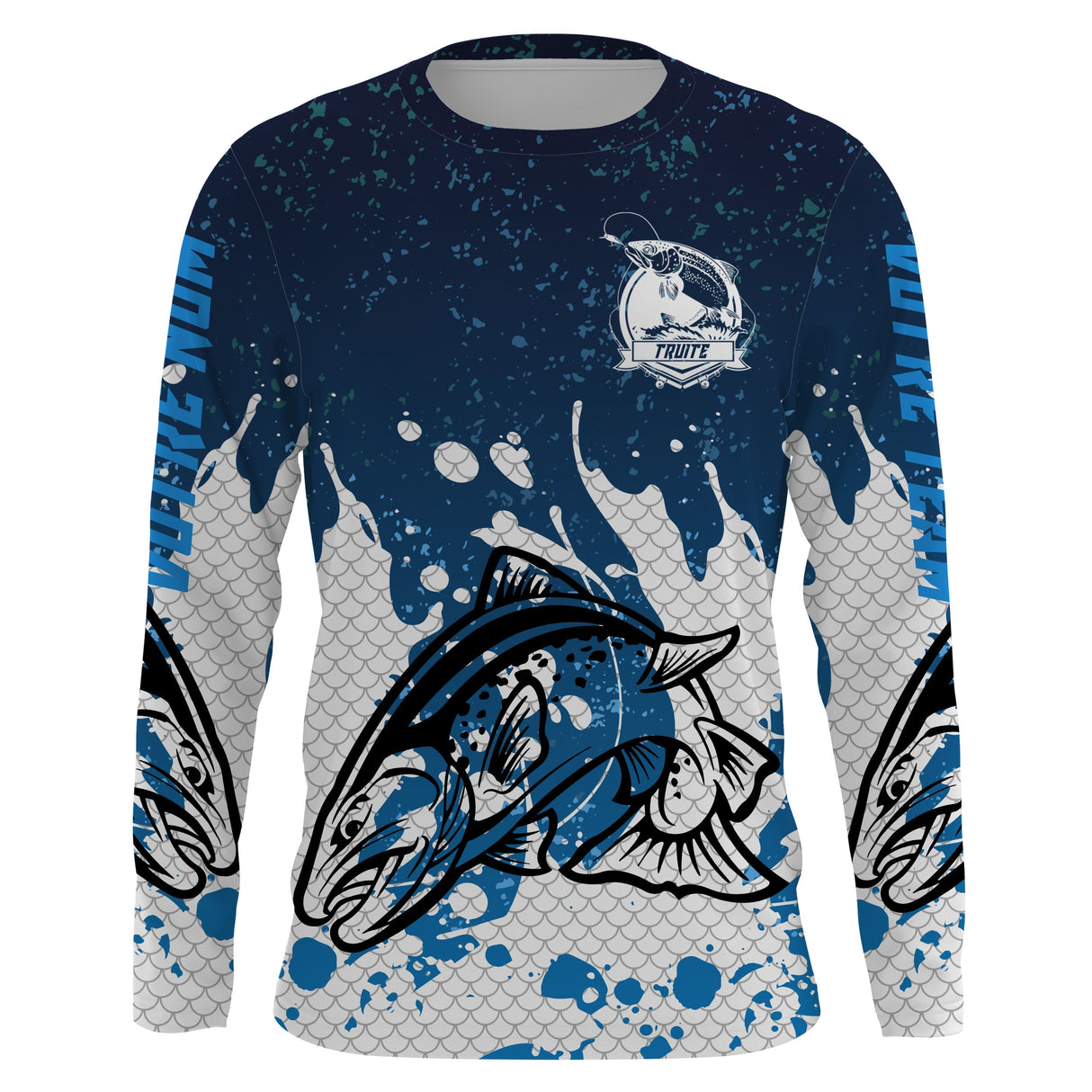 Maillot UV manches longues pêche truite splash bleu marine prénom personnalisé