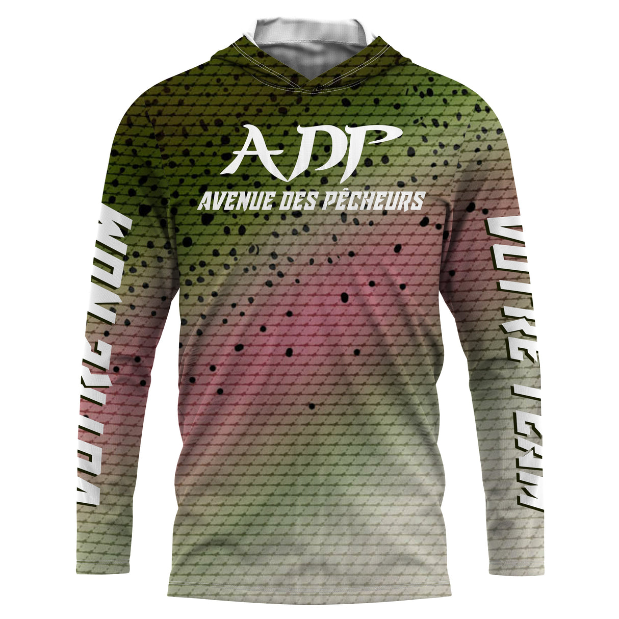 Sweat UV à capuche ADP Avenue des Pêcheurs peau truite iridescente vert rose prénom texte personnalisés, vue de face