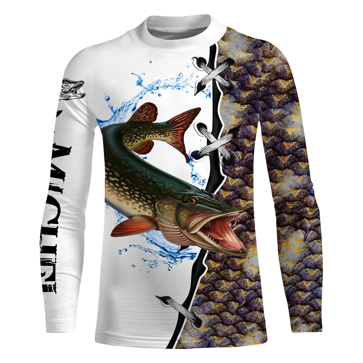 Tee shirt anti UV pêche brochet vue dos, motif silhouette et peau marbrée, vêtement technique pêcheur grands carnassiers