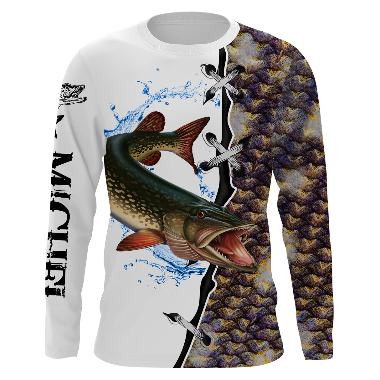 T-shirt anti UV manches longues pêche brochet, gueule béante et écailles violacées, vêtement halieutique pour brocheteur