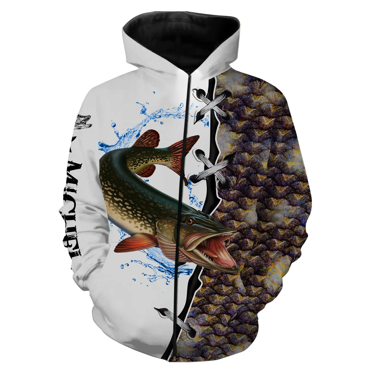 Polo zippé manches longues pêche brochet design attaque, tenue technique pour guide carnassier et float tube personnalisée