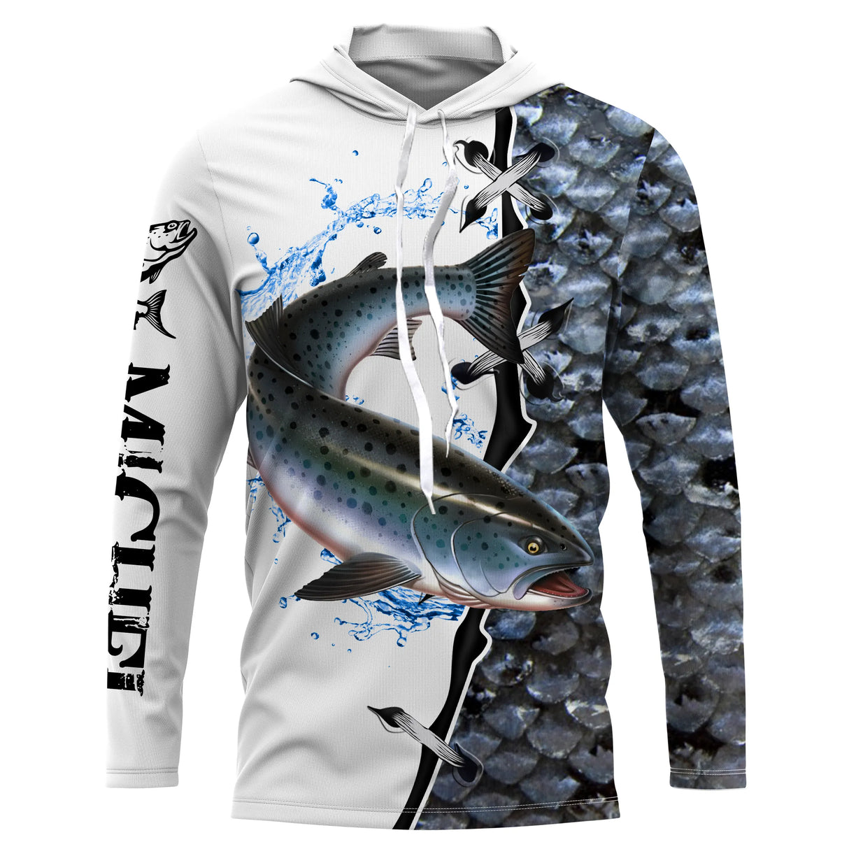 T-shirt anti UV à capuche pêche saumon argenté en bond, peau bleu marine sur le flanc droit, prénom brodé sur la manche
