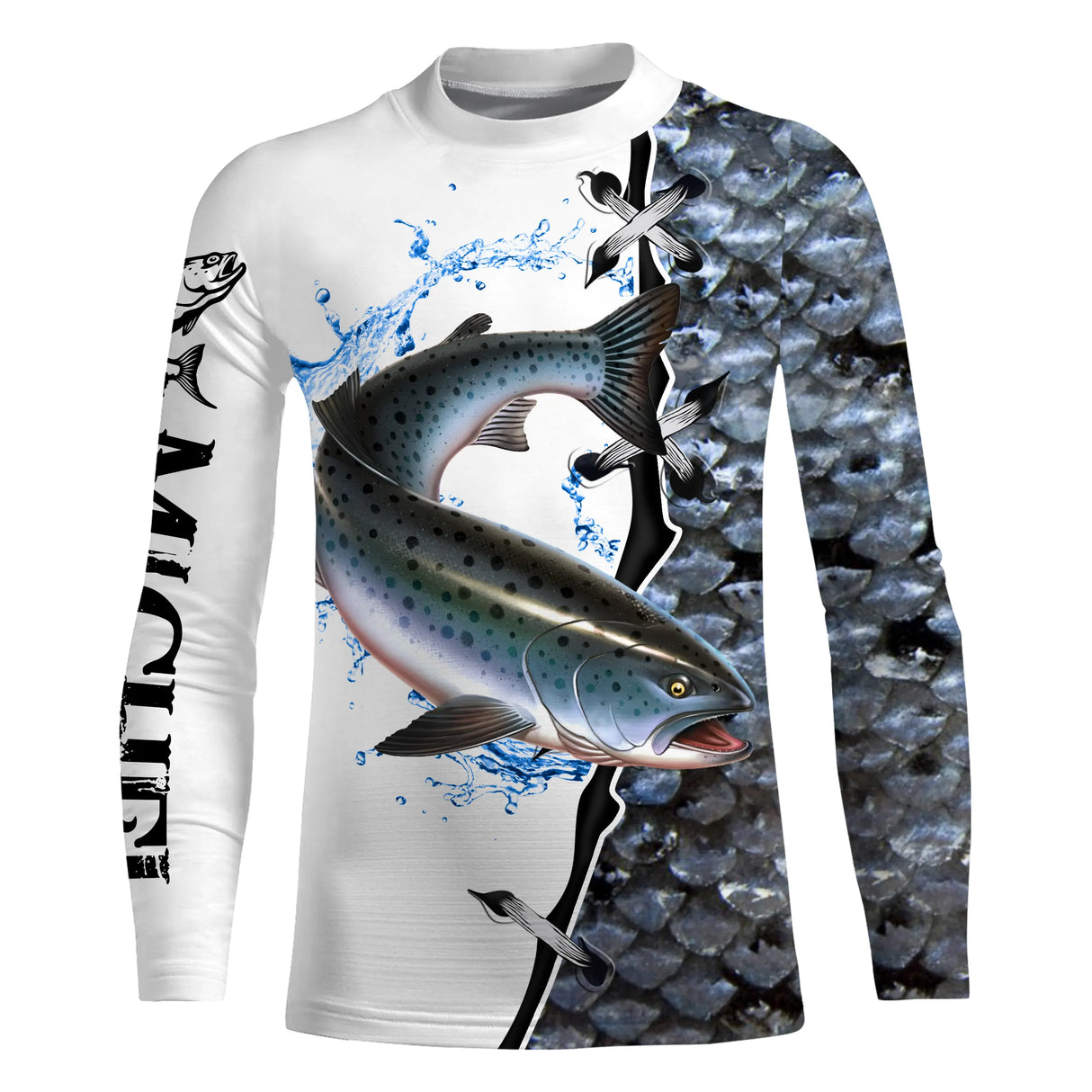 Tee shirt anti UV pêche saumon vue dos, motif silhouette en bond et peau argentée, vêtement technique pour saumonier