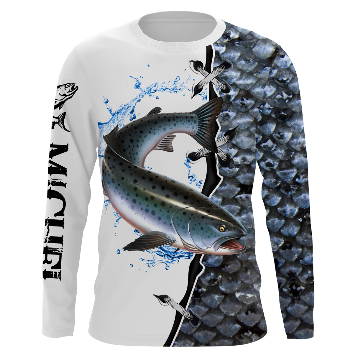 T-shirt anti UV manches longues pêche saumon, silhouette migrateur en saut et écailles argentées, vêtement halieutique