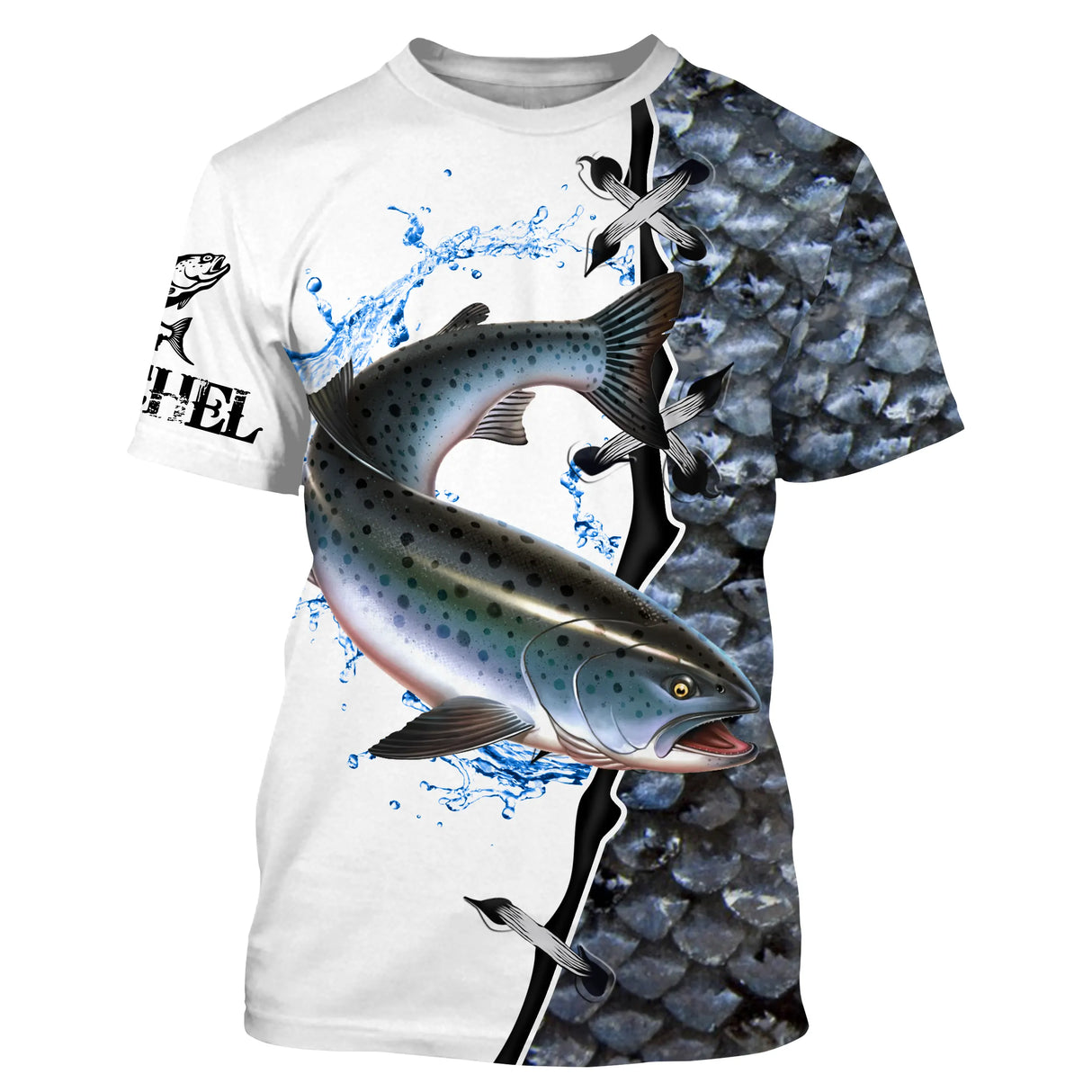 T-shirt manches courtes pêche saumon, design saut et peau argentée, accessoire personnalisable pour moucheur