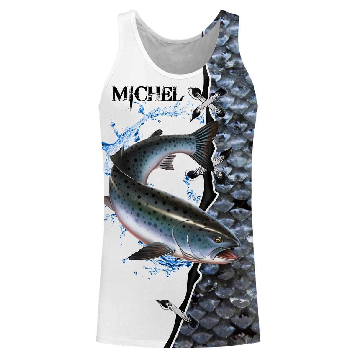 T-shirt halieutique pêche saumon, coupe technique respirante, design saut argenté, personnalisable prénom