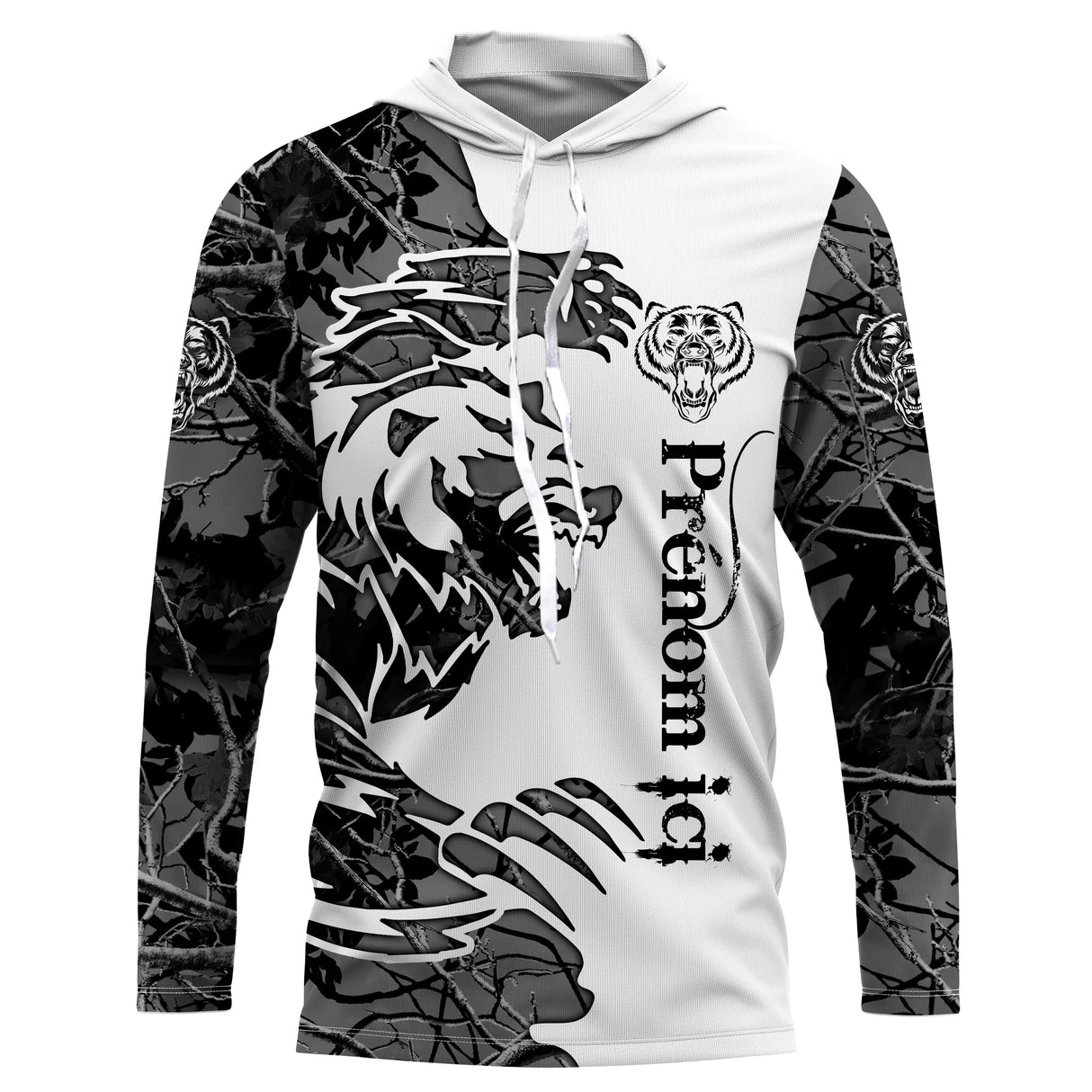 Sweat à capuche chasse ours tatouage, design arabesques rugissant, vêtement chaud pour chasseur grand gibier