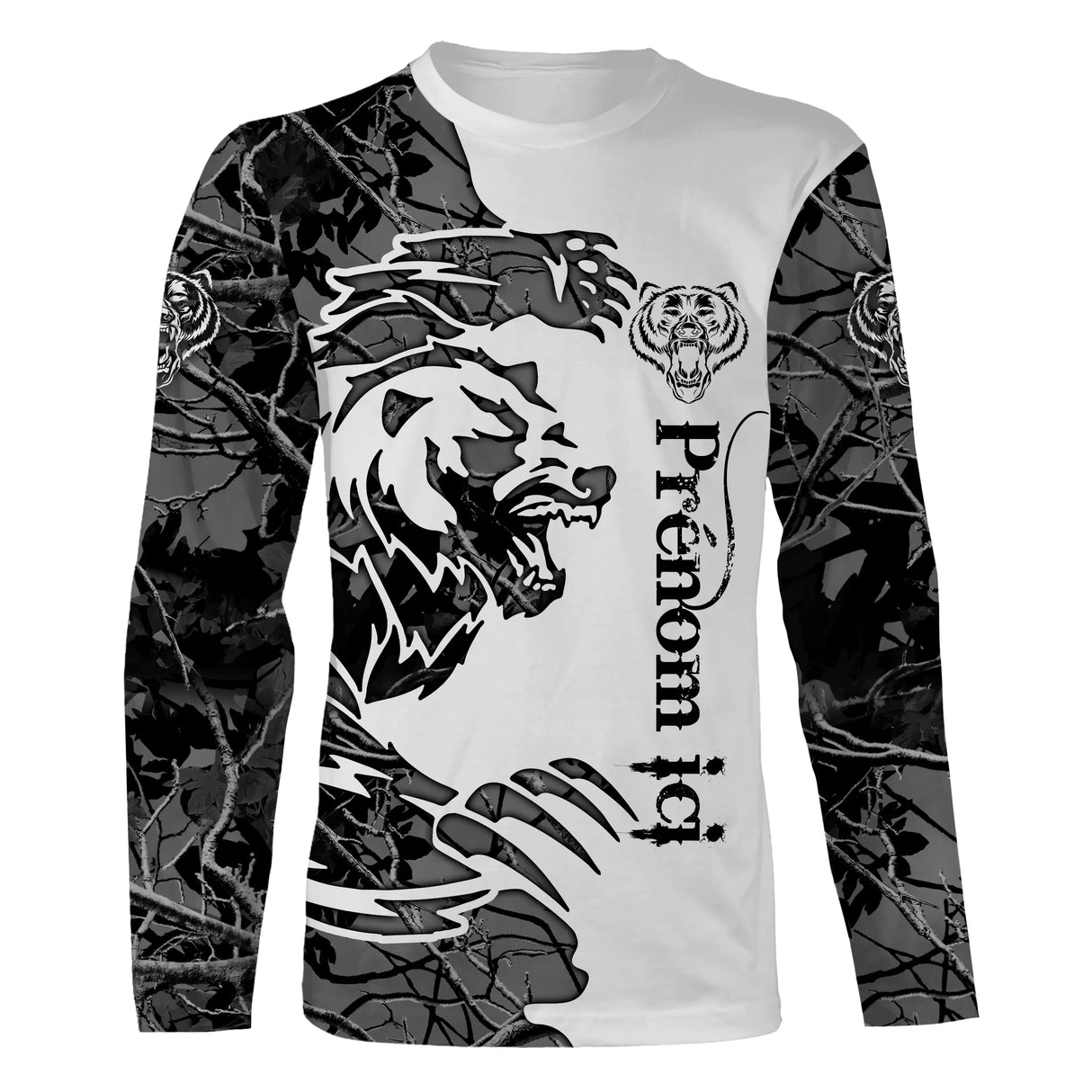 T-shirt chasse ours tatouage vue de face design moderne noir et blanc, coupe unisexe personnalisable