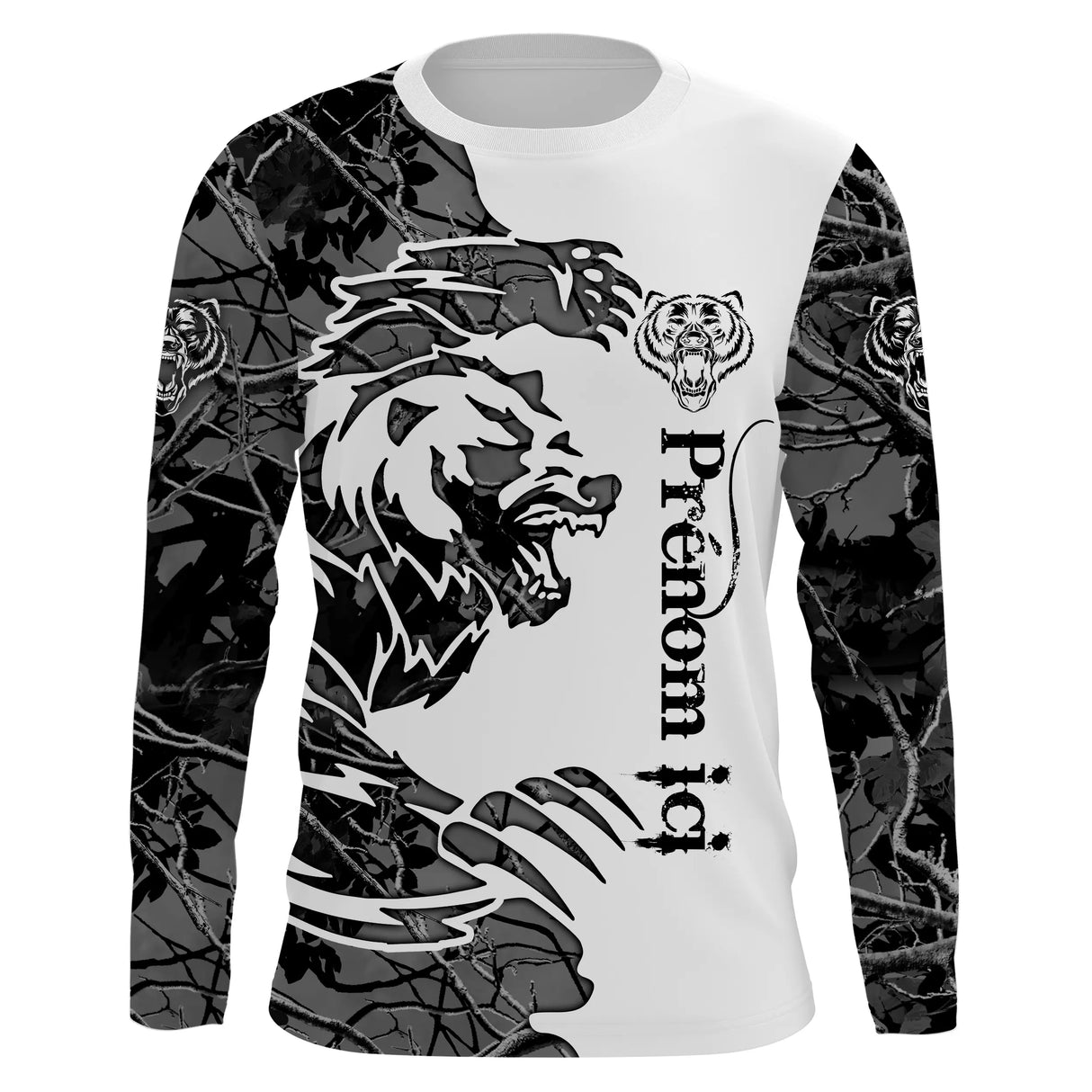T-shirt anti UV chasse ours tatouage, motif arabesques noires et bandes camo, accessoire personnalisable chasseur