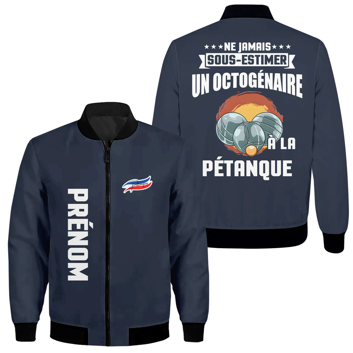 Veste pétanque bomber noir vue avant fermeture éclair PRÉNOM manche logo torse personnalisable